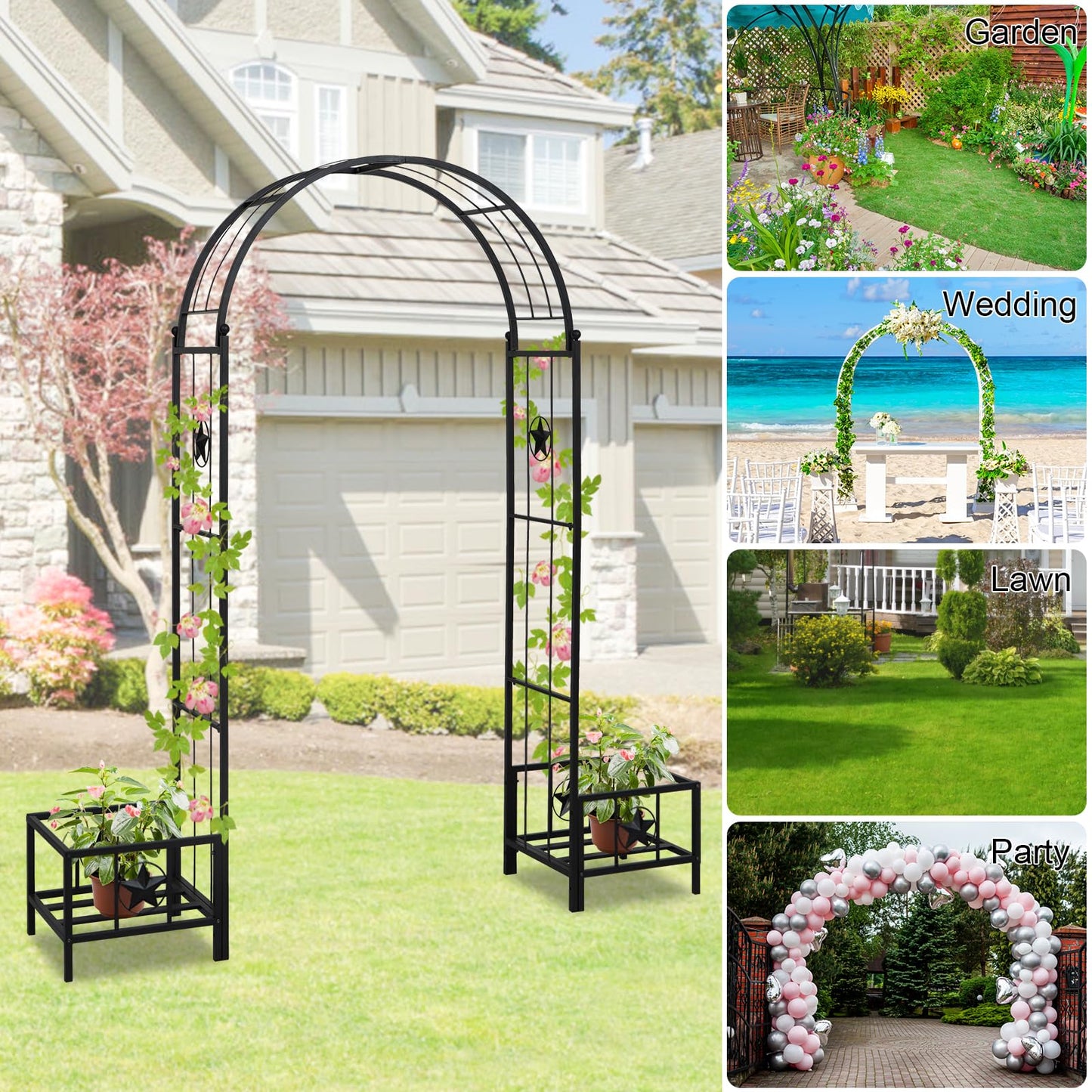 Kinfant Steel Garden Arch Arbor with Planter Boxes – Heavy-Duty Outdoor Trellis for Climbing Vines, Flowers, Decorative Arch for Wedding Ceremony, Party, Backyard, Lawn