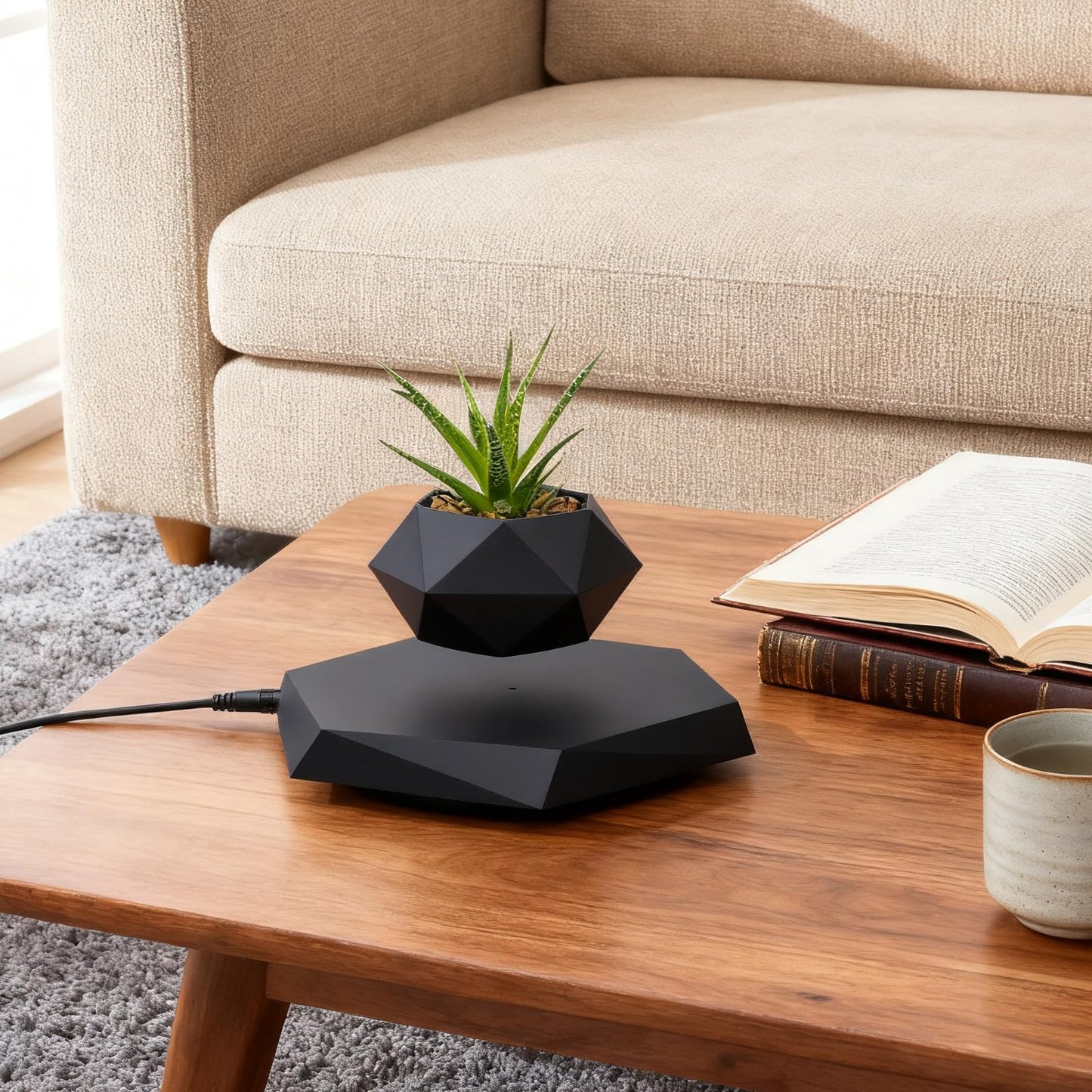 Bacacoo Rotation Flower Pot, Magnetic Levitating Plant Pot for Air Plants,Floating Plant Pot,Rotating Air Bonsai Planter Flower Pot for Home Living Room Office Desk (Black)