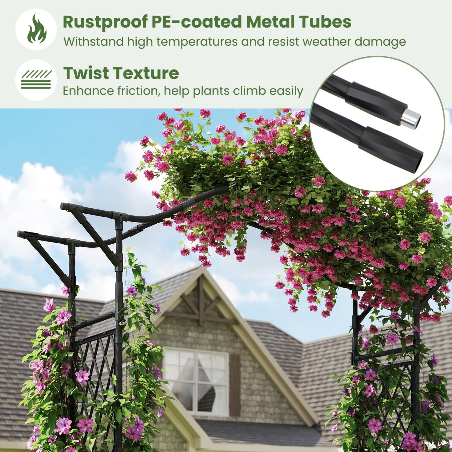 Giantex Garden Arch Trellis, 67''W x 83''H Metal Arbor with Corrugated PE-Coated Steel Tubes & Lattice Panels for Climbing Plants, Decorative Wedding Arch for Yard, Lawn, Party & Outdoor Events