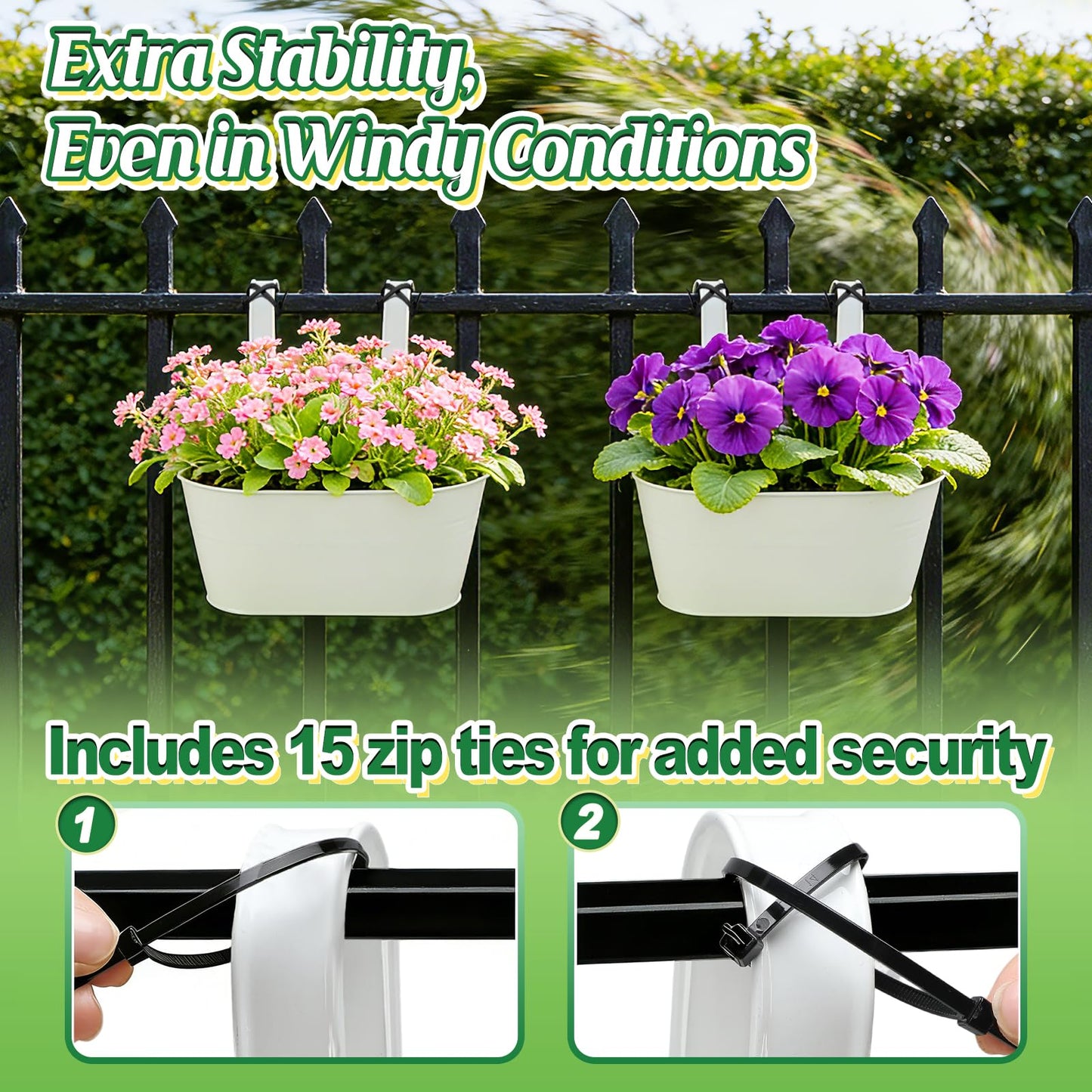MADHOLLY Railing Planter with Drainage Holes - Sturdy Bucket Pots for Railing Fence, Countryside Style Metal Flower Pots for Herbs Balcony Garden Yard Decor, 2Pcs, White