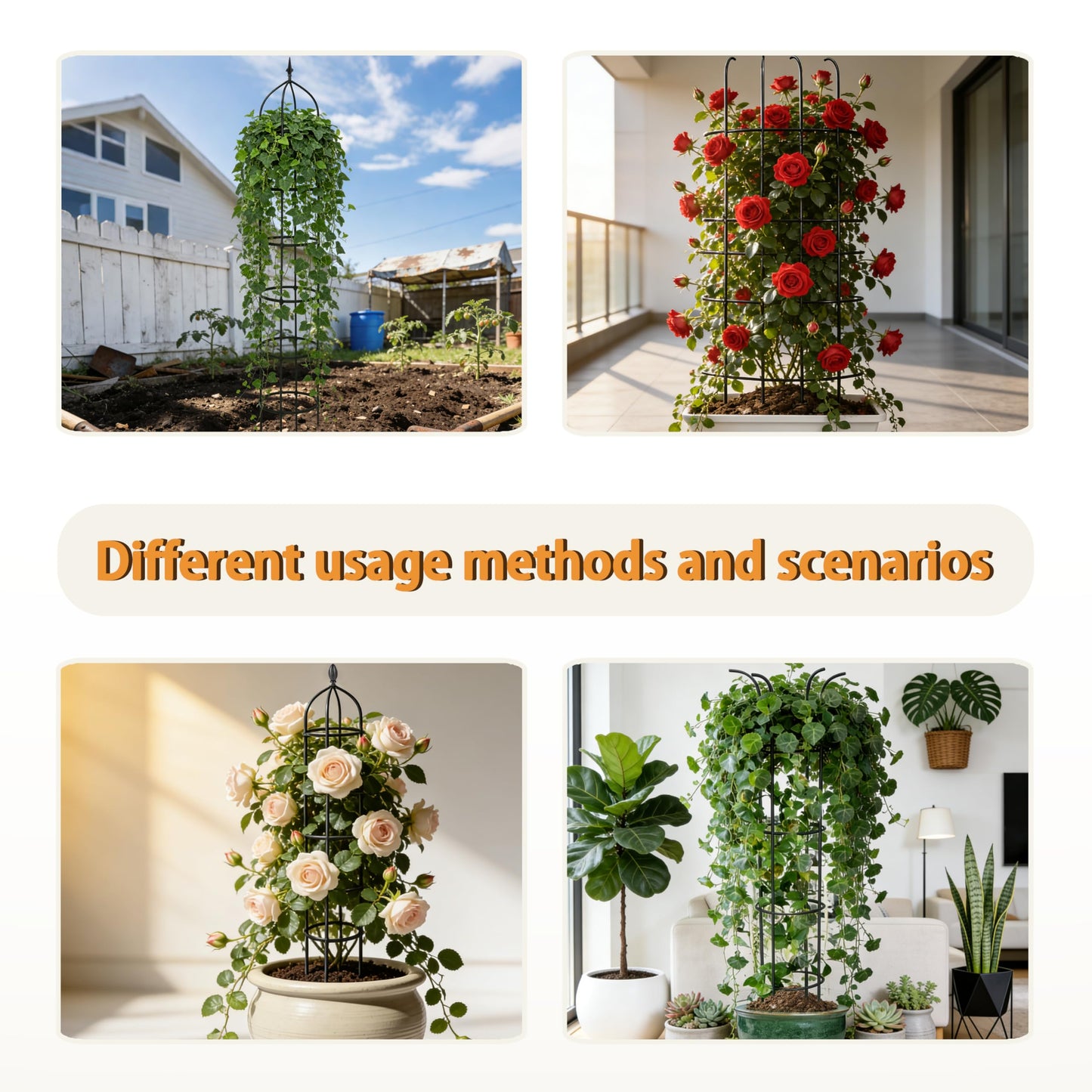 SORANGEUN 2 Pack Garden Obelisk Trellis for Climbing Plants Outdoor, 6FT Adjustable Metal Plant Support with 3 Decorative Tops, Black Rustproof Trellis for Roses, Tomatoes, Clematis & Vines