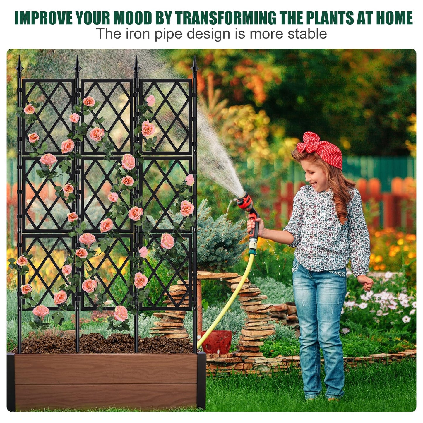 WellSign Garden Trellis for Climbing Plants Outdoor 5.25 FT, Iron Pipe Metal Support Wall Tall Plant Trellis Lattice Fence Plant Support with Garden Twist Tie for Ivy Vines Rose
