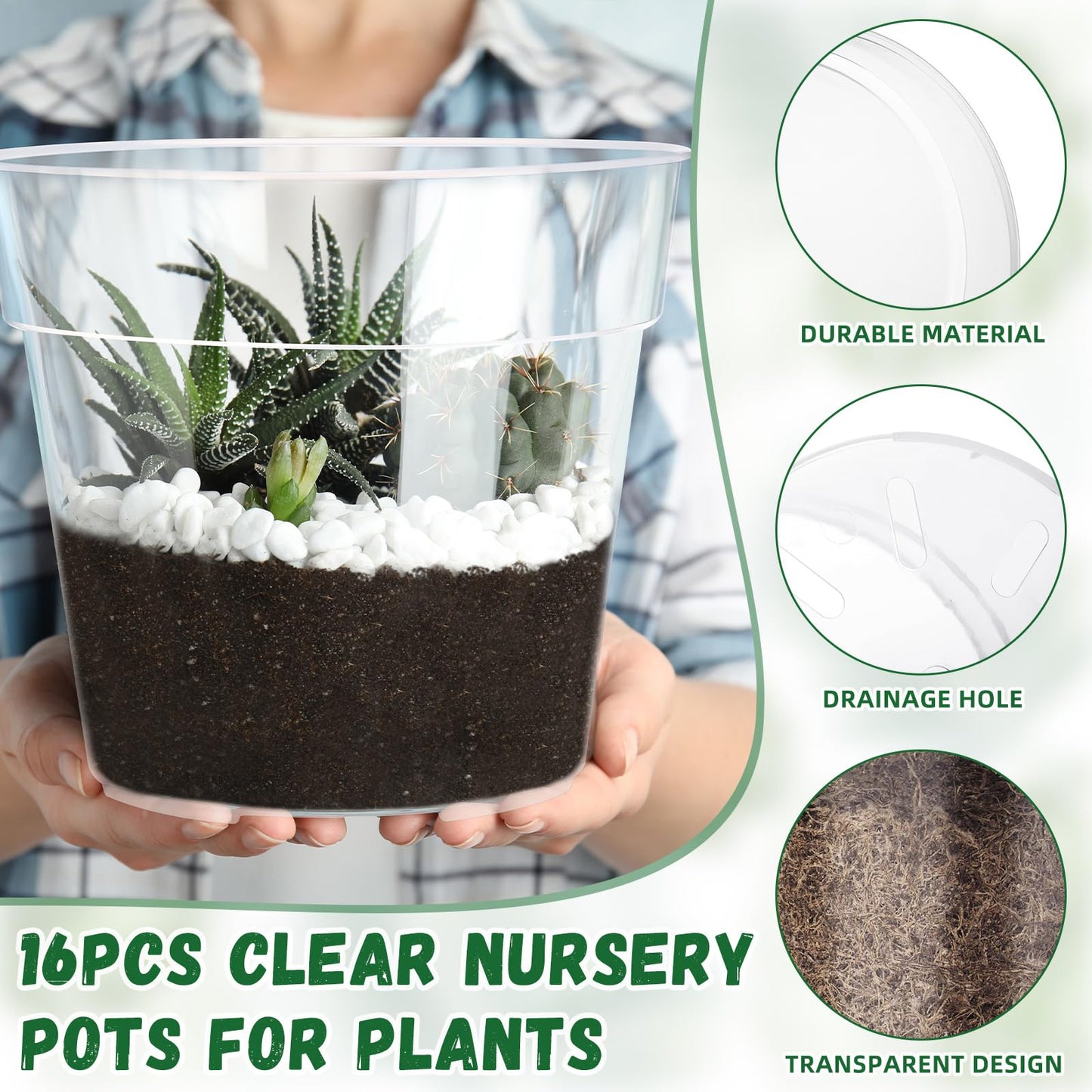 Maxcheck 16 Pcs Clear Nursery Pots with Drainage Holes Pack, Large Transparent Plastic Orchid Pots for Repotting Indoor Plants, Heavy Duty Planter for Monstera, Aroids, Root Observation (8+9 Inch)