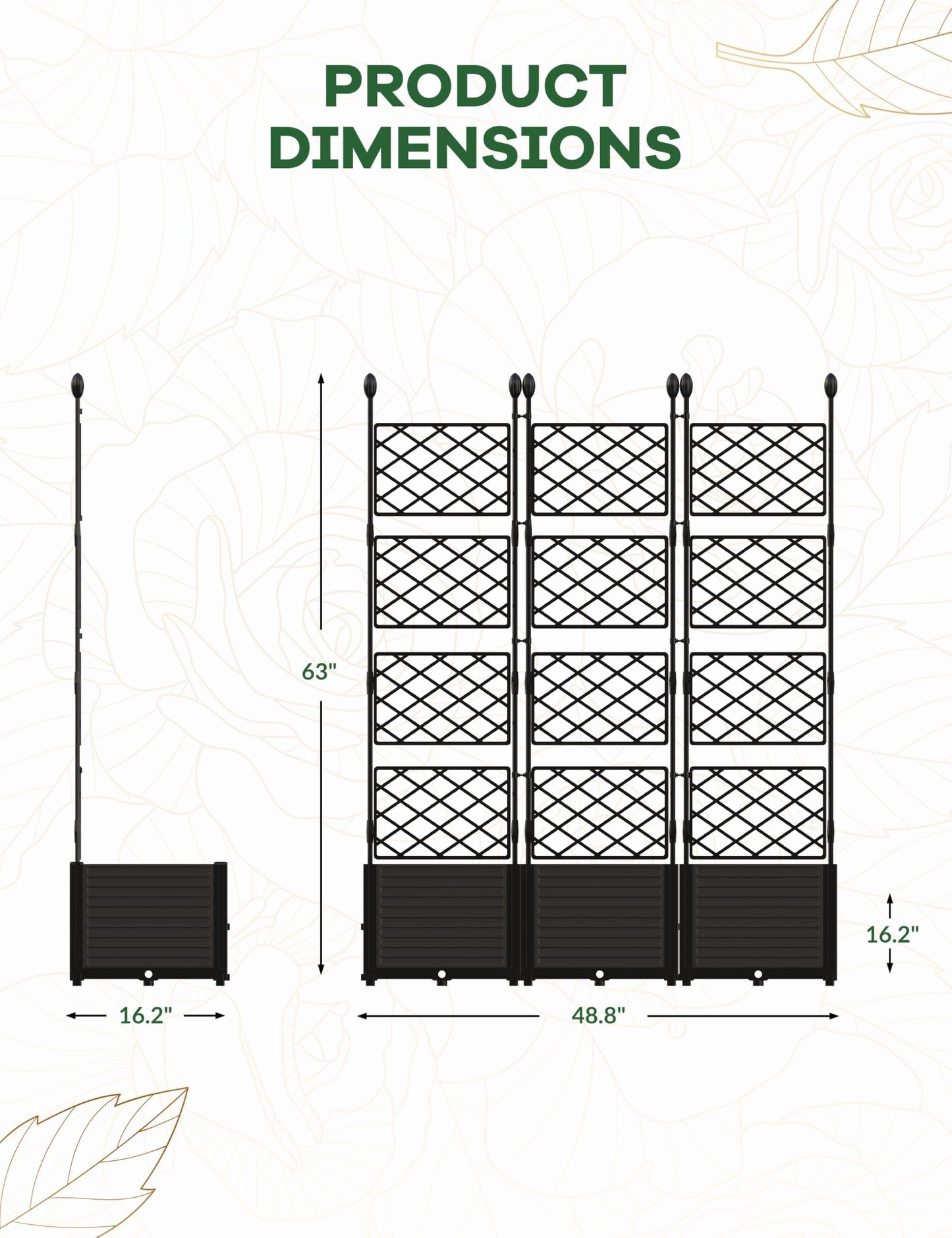 3 PCS Raised Garden Bed with Trellis & Privacy Screen, 50" x 63" Tall Vertical Garden Planter Box for Climbing Plants, Outdoor Trellis for Vegetables, Flowers, Patio, Balcony, Garden Black
