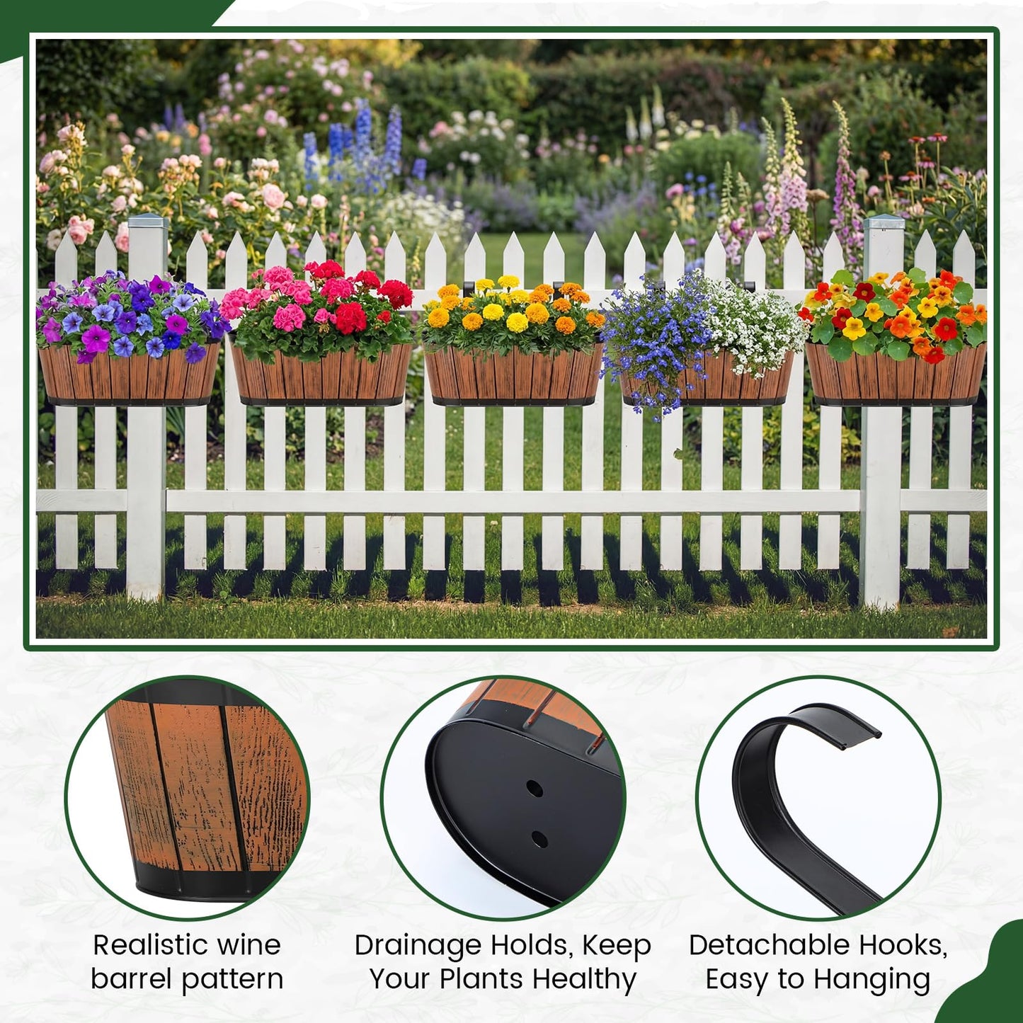 Ferrochef 5 Pcs 16 Inch Metal Hanging Flower Pots for Railing Fence Balcony Railing Planters Countryside Style Window Flower Plant Holder with Detachable Hooks for Garden Yard Fence Home Decor