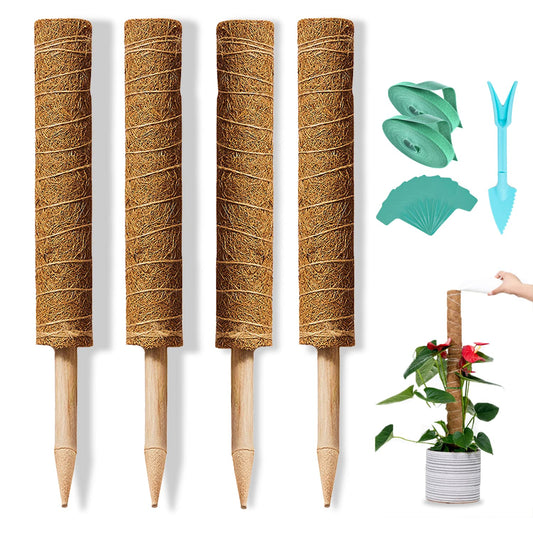 Moss Pole for Climbing Plants, 4 Pcs 15.7 Inch Coir Moss Poles with Gardening Tool Set Full Length 47 Inch, Support Extension Indoor Potted Plants to Grow Upwards for Heavy Climbing Plants Monstera