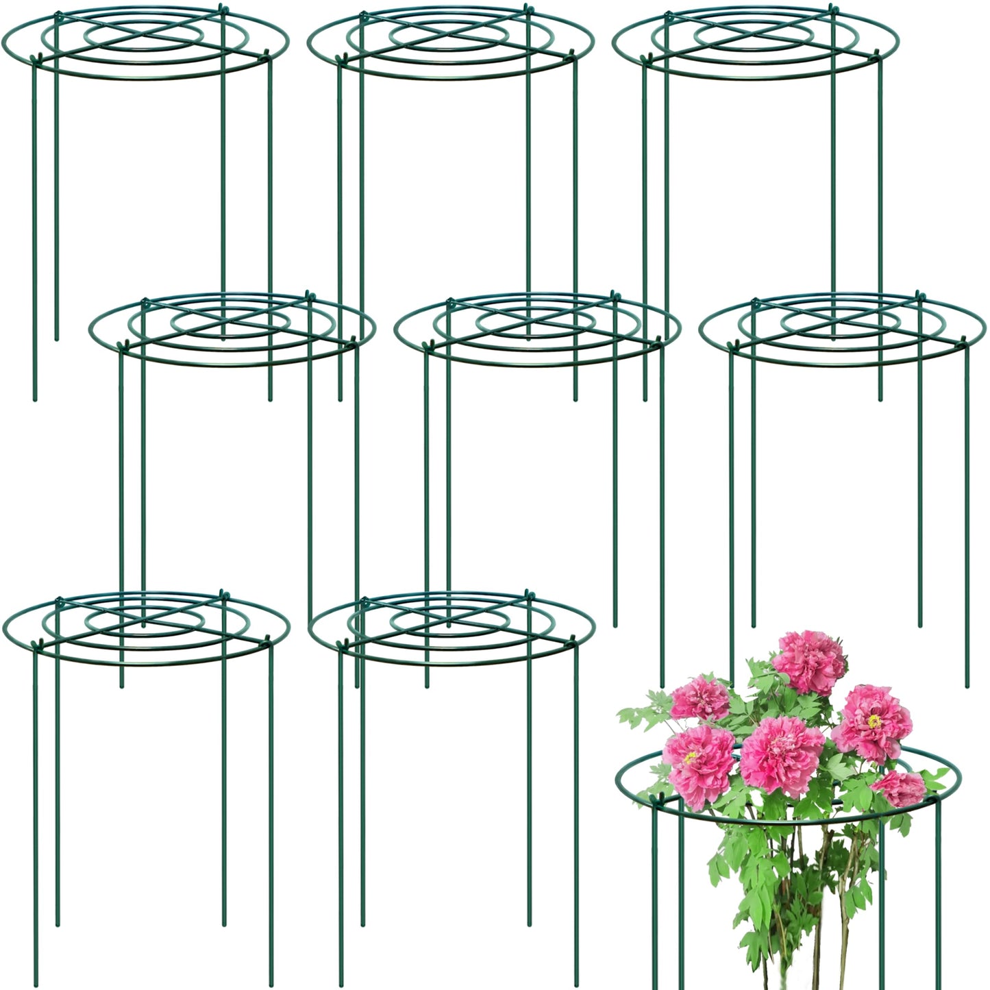 8 Sets Peony Support Cage,Heavy Duty Metal Plant Support Rings with 3.5mm Thickened Legs,10"Dia.x16"High Grow Through Hoops for Peonies and Tall Plants,Rust-Resistant Strong Support for Heavy Blossoms
