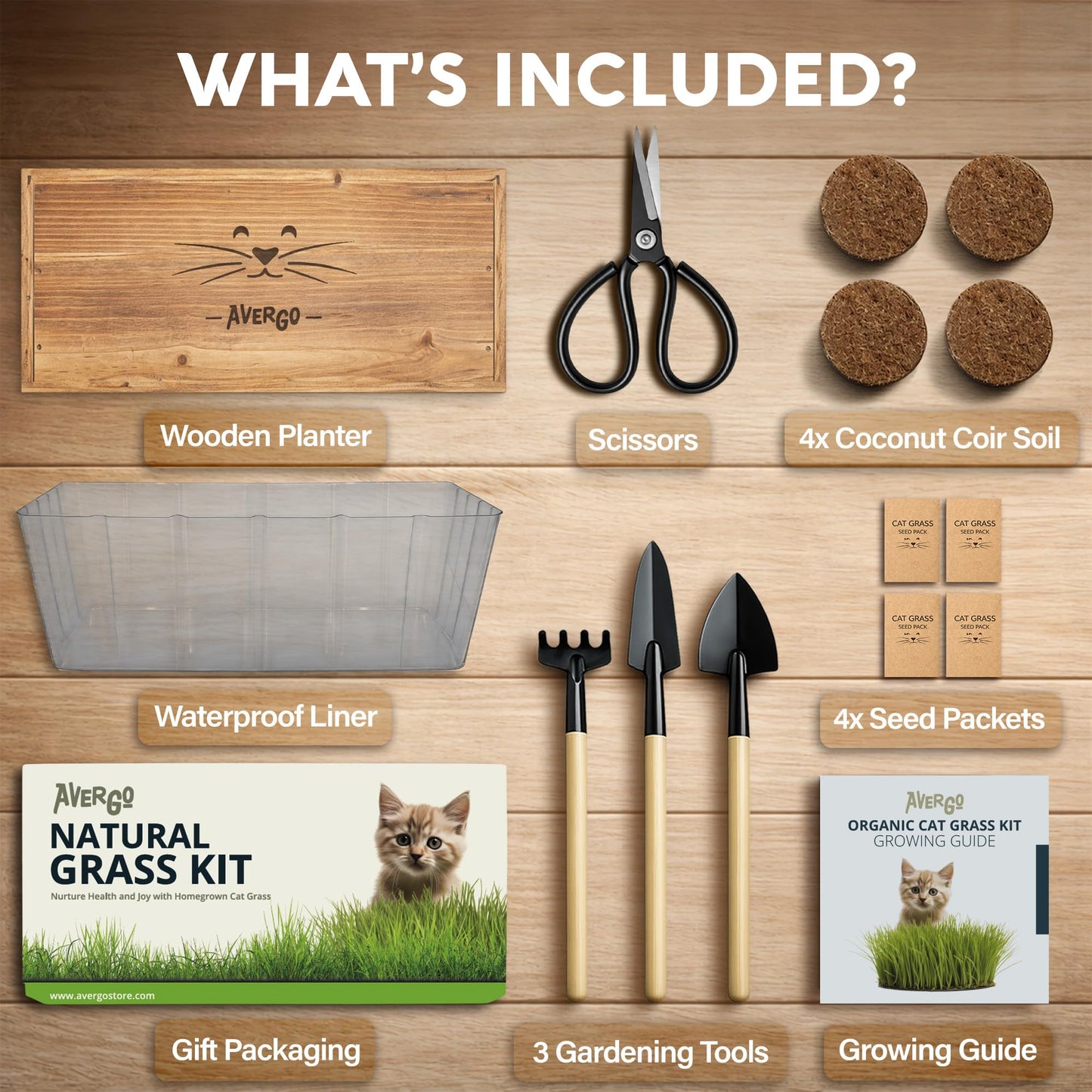 Cat Grass Kit for Indoor Cats – x4 Seed Packets | Cat Grass Seeds with Wooden Planter, Soil & Mini Gardening Tools for Nipping & Nibbling – Pet Wheatgrass Grass