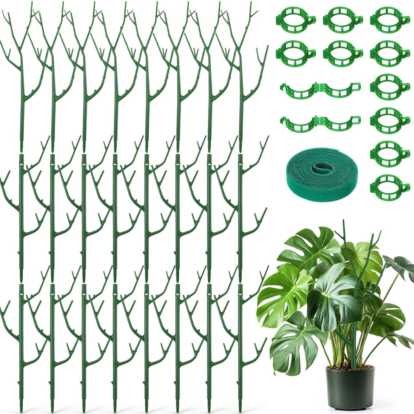SiliFine 24 Pack Stackable Monstera Plant Support Stakes up to 39.5 Inch Adjustable Plant Support Stakes with 12 Clips and Ties for Indoor Outdoor Plants Sticks Tall Pothos Climbing