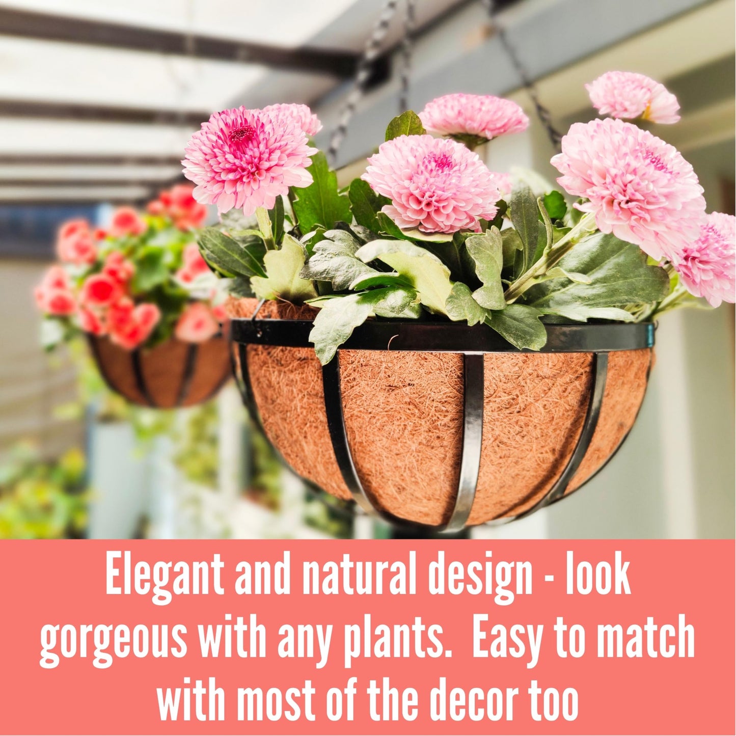 LaLaGreen Outdoor Hanging Baskets for Plants (20 Inch, 2 Pack) Extra Large Black Metal Flat Iron Hanging Planters with Coco Liner Round Flower Pot Holder Hanger Deck Porch Modern Garden Balcony Decor