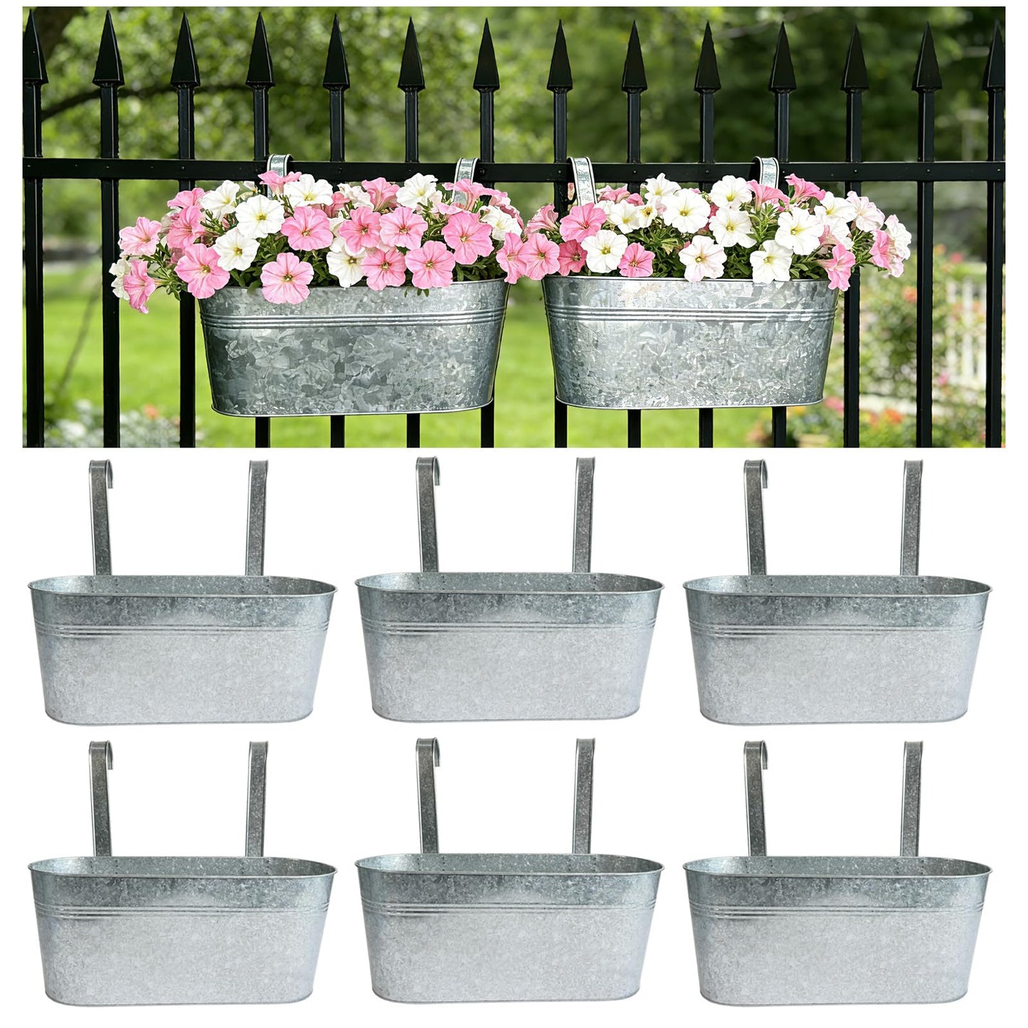 Joyfernal Balcony Galvanized Hanging Planters Railing Flower Pots, Outdoor Metal Fence Planter Pot with Detachable Hooks Drain Hole for Garden Patio Yard Decor (17 Inch, 6Pcs)