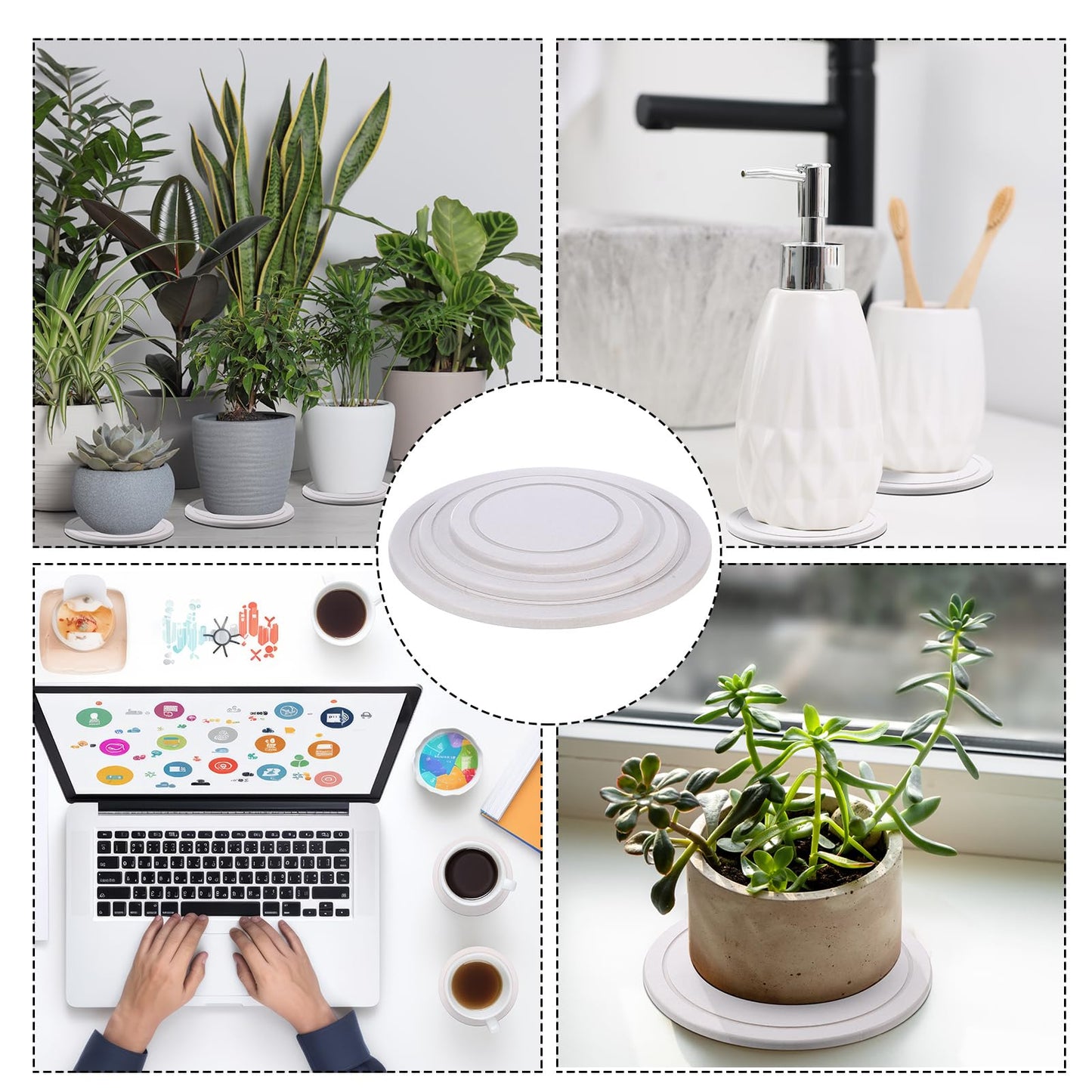 Drydiet 3 Pack Diatomaceous Earth Plant Saucer Set 6/8/10 Inch Quick Dry Absorbent Plants Tray Absorbing Plant Tray for Gardening Indoor Outdoor Plants(Gray White)