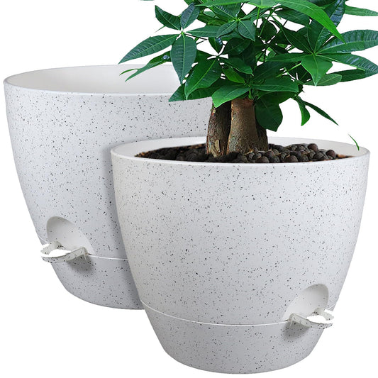 UOUZ 12inch 2Pack Large Self Watering Planters, Plastic Plant Pots with 60oZ Removable Deep Reservoir and Multi Mesh Drainage Holes for Indoor Outdoor Garden Plants and Flowers, White Speckles