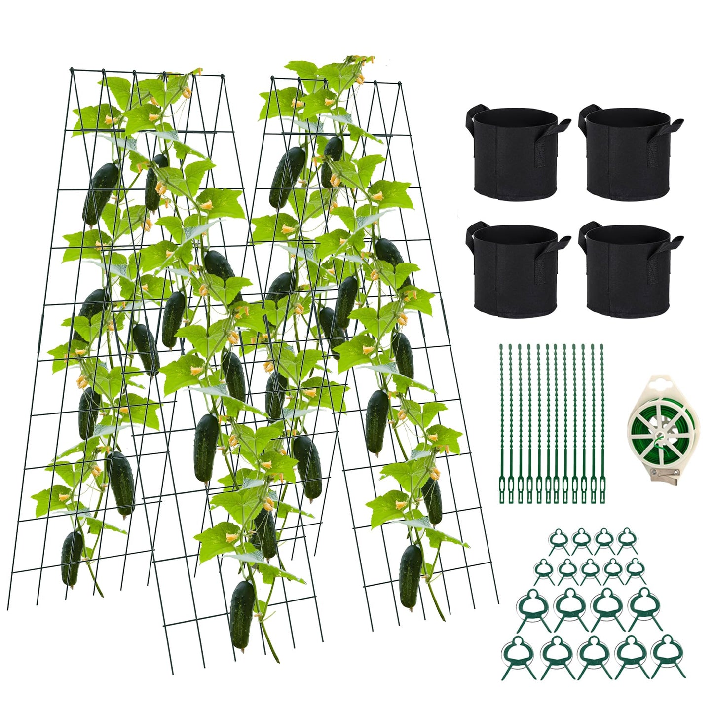 Toriexon Foldable Cucumber Trellis 64" H x 20" W - 2 Pack, A-Frame Garden Trellis for Raised Bed, with Twist Ties & Plant Bags for Climbing Plants Outdoor