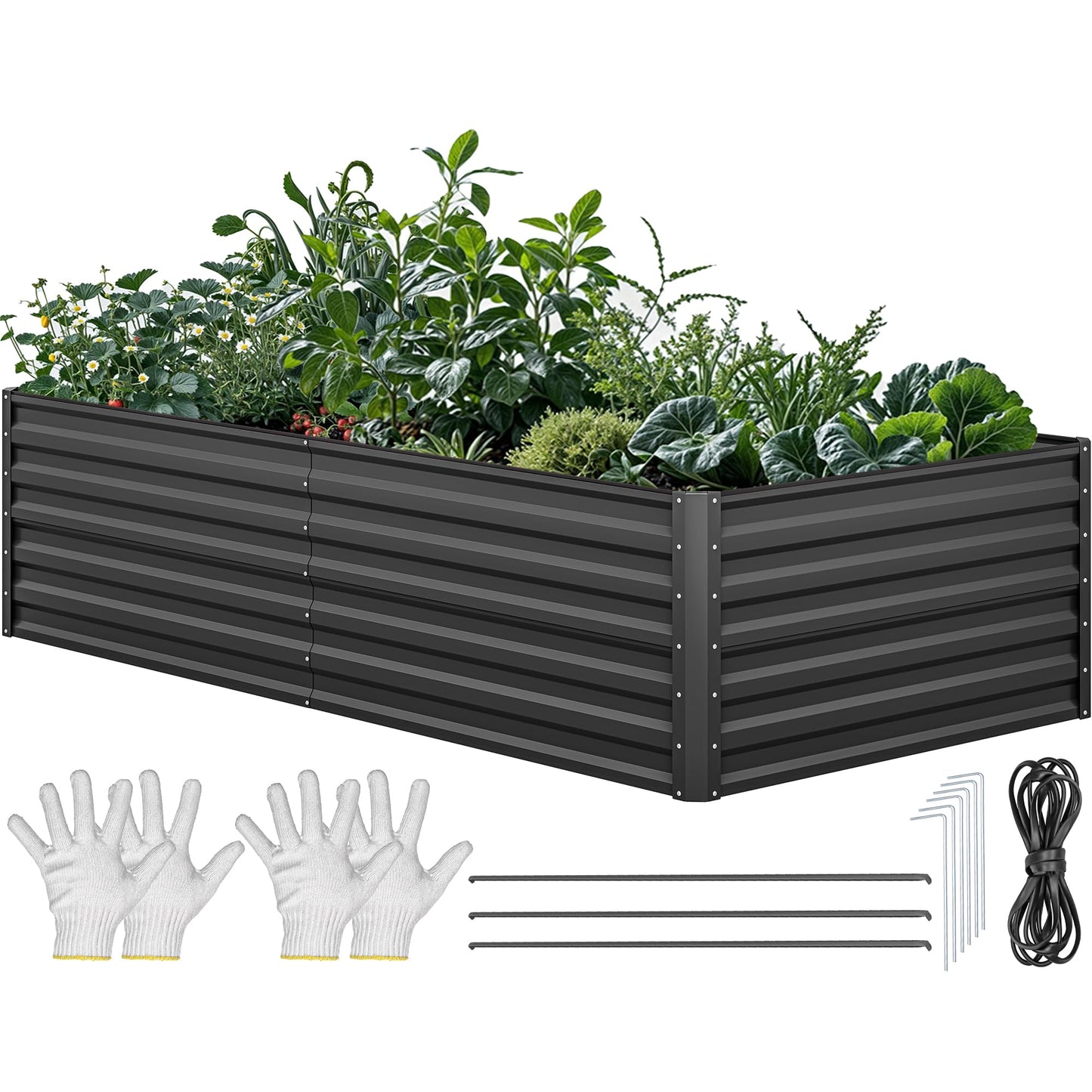 YITAHOME 8x4x2ft Large Raised Garden Bed Kit, Galvanized Metal Planter Box with Gloves, Ground Nails, Support Rod & Safety Rubber, Outdoor Above Ground Planters for Plants Vegetables Flowers, Black
