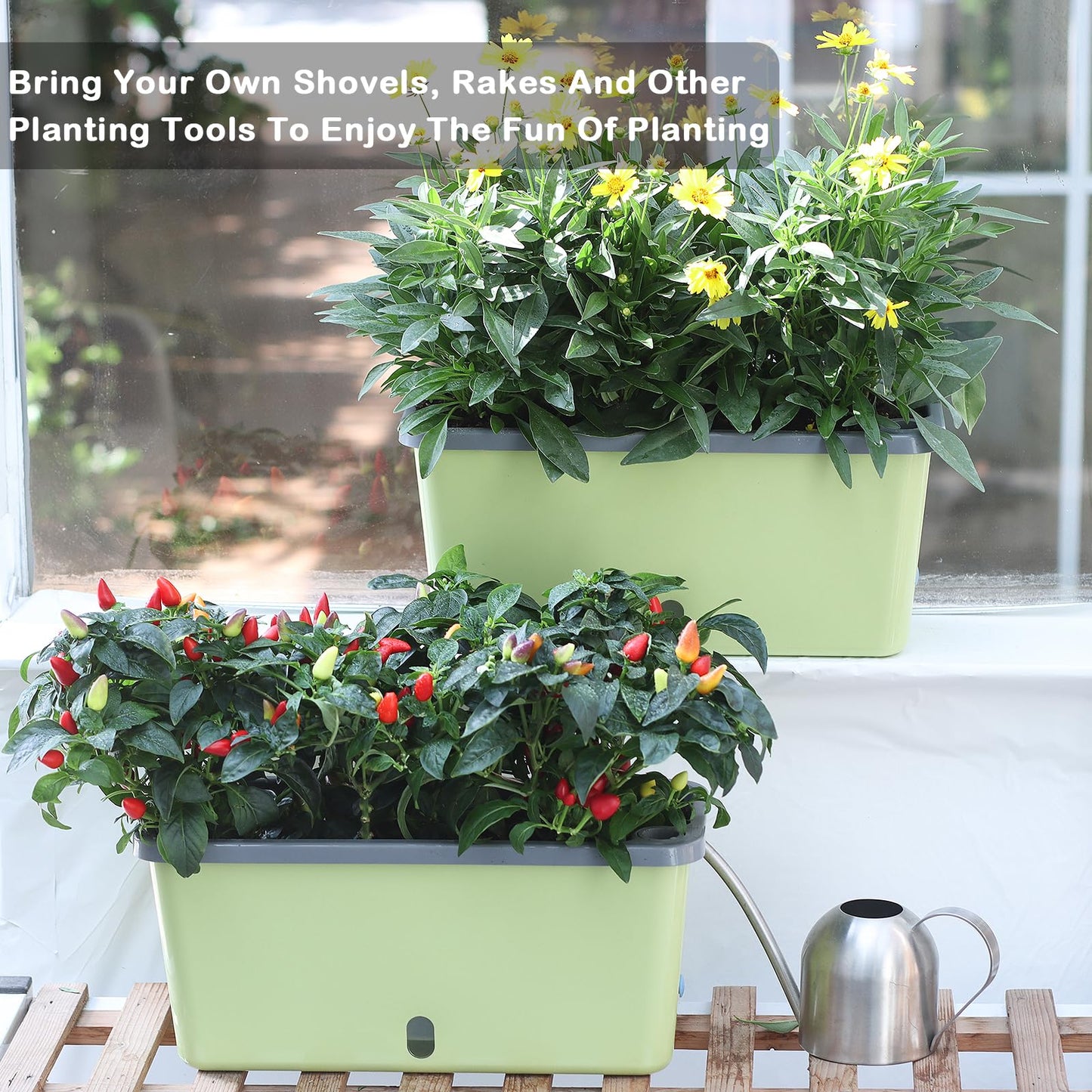 Oliz Window Box Planter 4 Packs, 14 Inches Rectangle Flower Pots with Breathable Drainage Holes, Pots for Vegetables, Herbs, Flowers, Garden Windowsill Balcony (Green & Grey)
