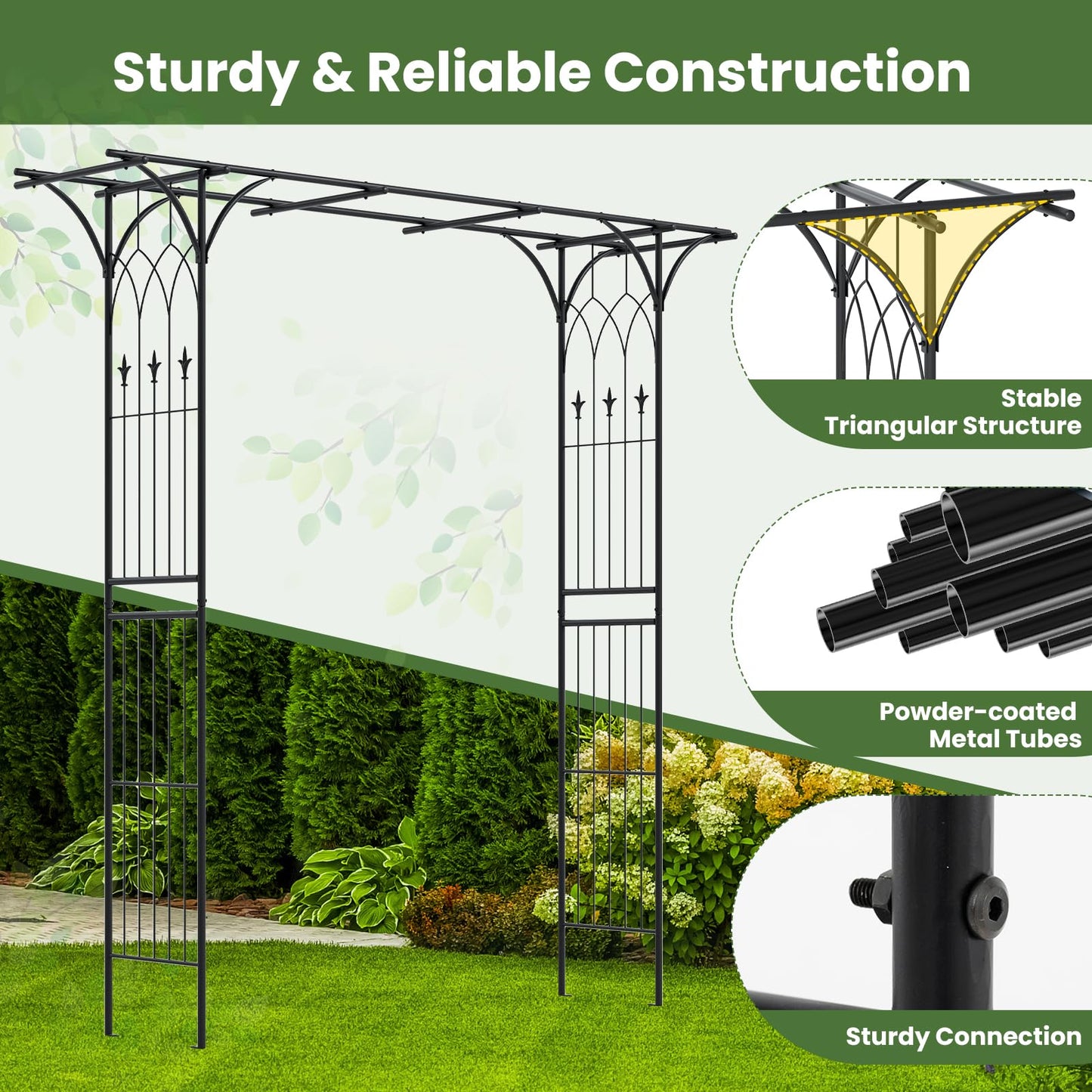 Giantex Metal Garden Arbor with Trellis, 81" Outdoor Arch for Climbing Plants, Heavy-Duty Rust-Resistant Steel Archway with 4 Stakes for Garden, Wedding, Party, and Yard Decoration, Black