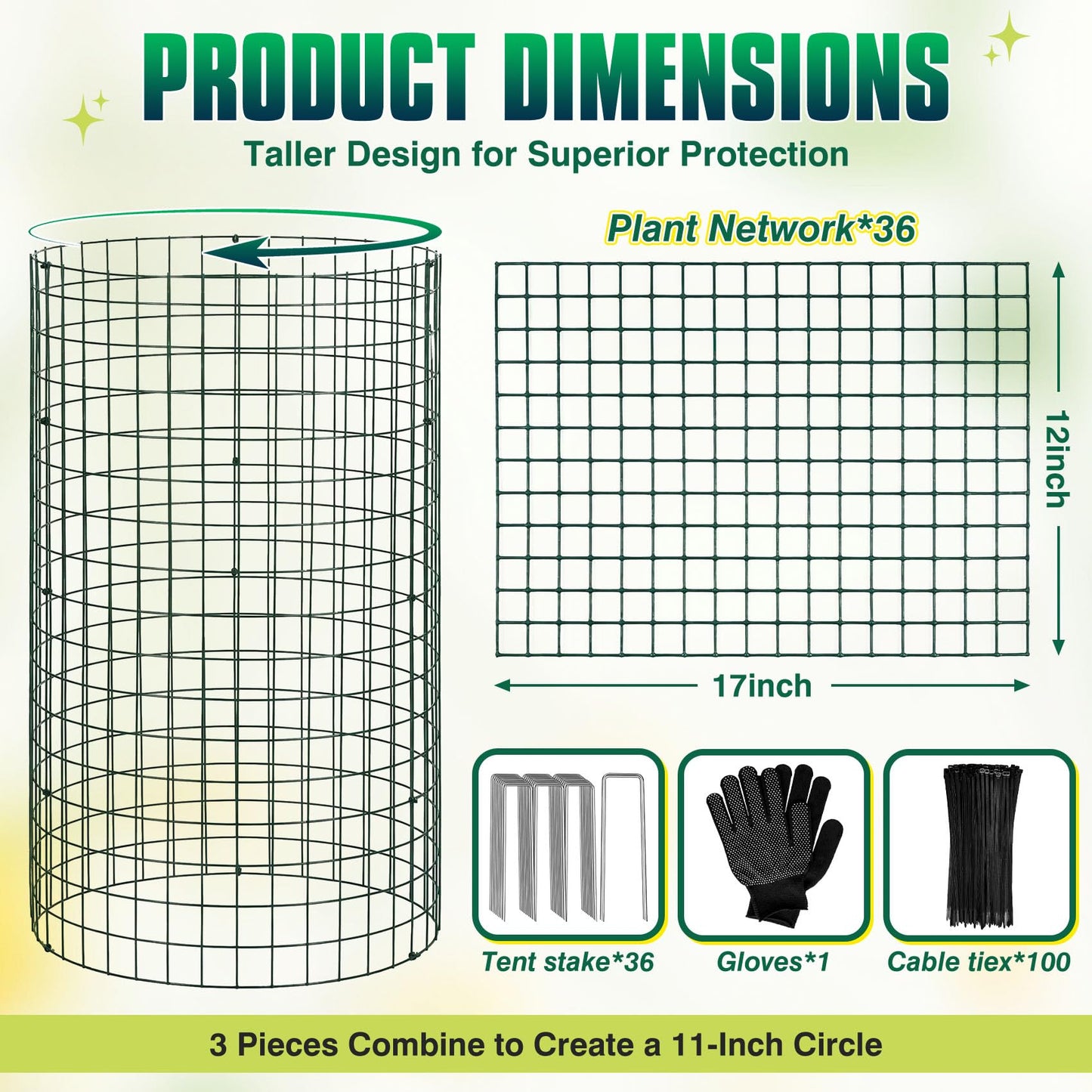 12 Pack 17" x 12" Tall Round Plant Cage - 36PCS Plant Support Cage Metal Wire Mesh Plant Protector for Outdoor Gardening Supplies Garden Protection Rabbits Chickens Ducks for Vegetables Flowers Shrubs