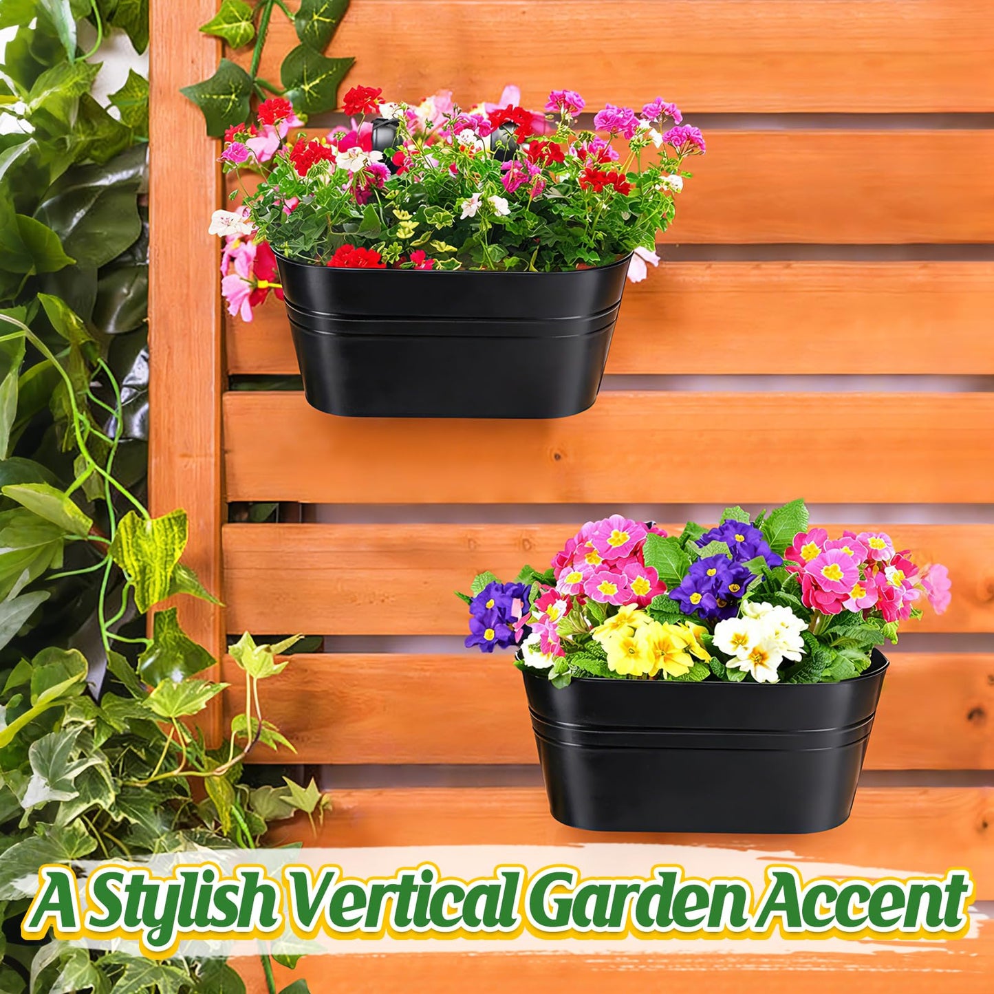 MADHOLLY Railing Planter with Drainage Holes - Sturdy Bucket Pots for Railing Fence, Countryside Style Metal Flower Pots for Herbs Balcony Garden Yard Decor, 2Pcs, Black