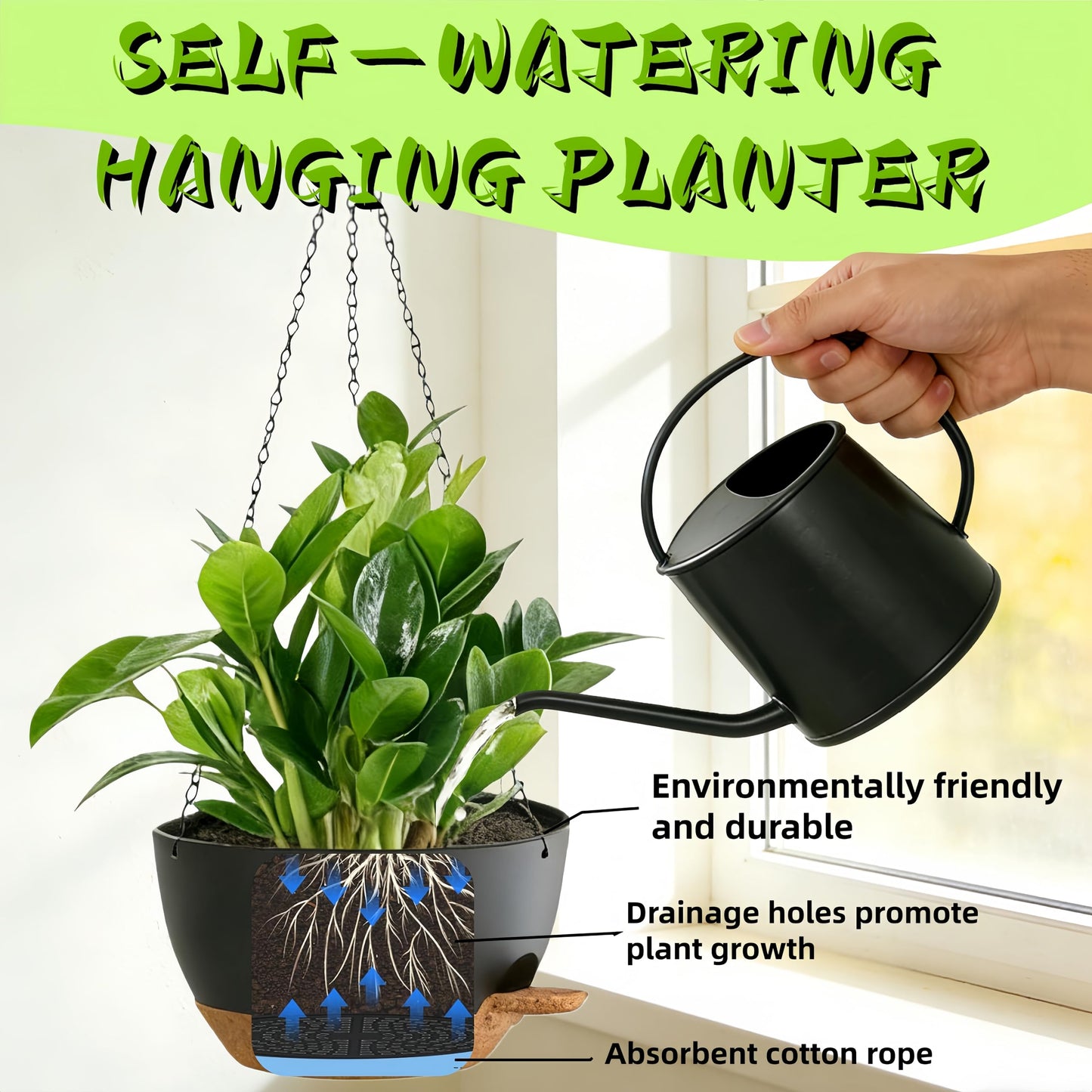 TESSTSY 3 Pack Hanging Planters for Indoor Outdoor Plants, 10 Inch Self Watering Hanging Pots for Plants, Plastic Hanging Flower Baskets for Plants Hanger with Drainage and Tray, Chain (Black Brown)