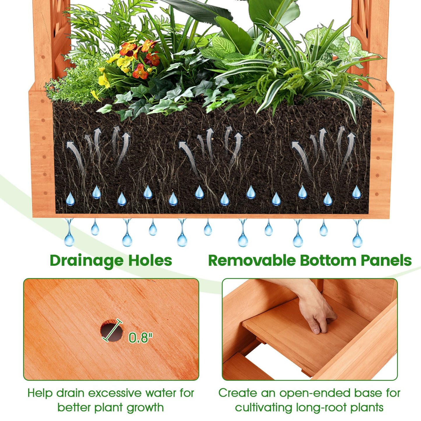 LDAILY Raised Garden Bed with Trellis, Above Ground Garden Bed with Hanging Roof, Side Trellis, & Drainage Holes, Planter Box for Outdoor Climbing Plants Vines Flowers (1, 31" L x 14" W x 60" H)