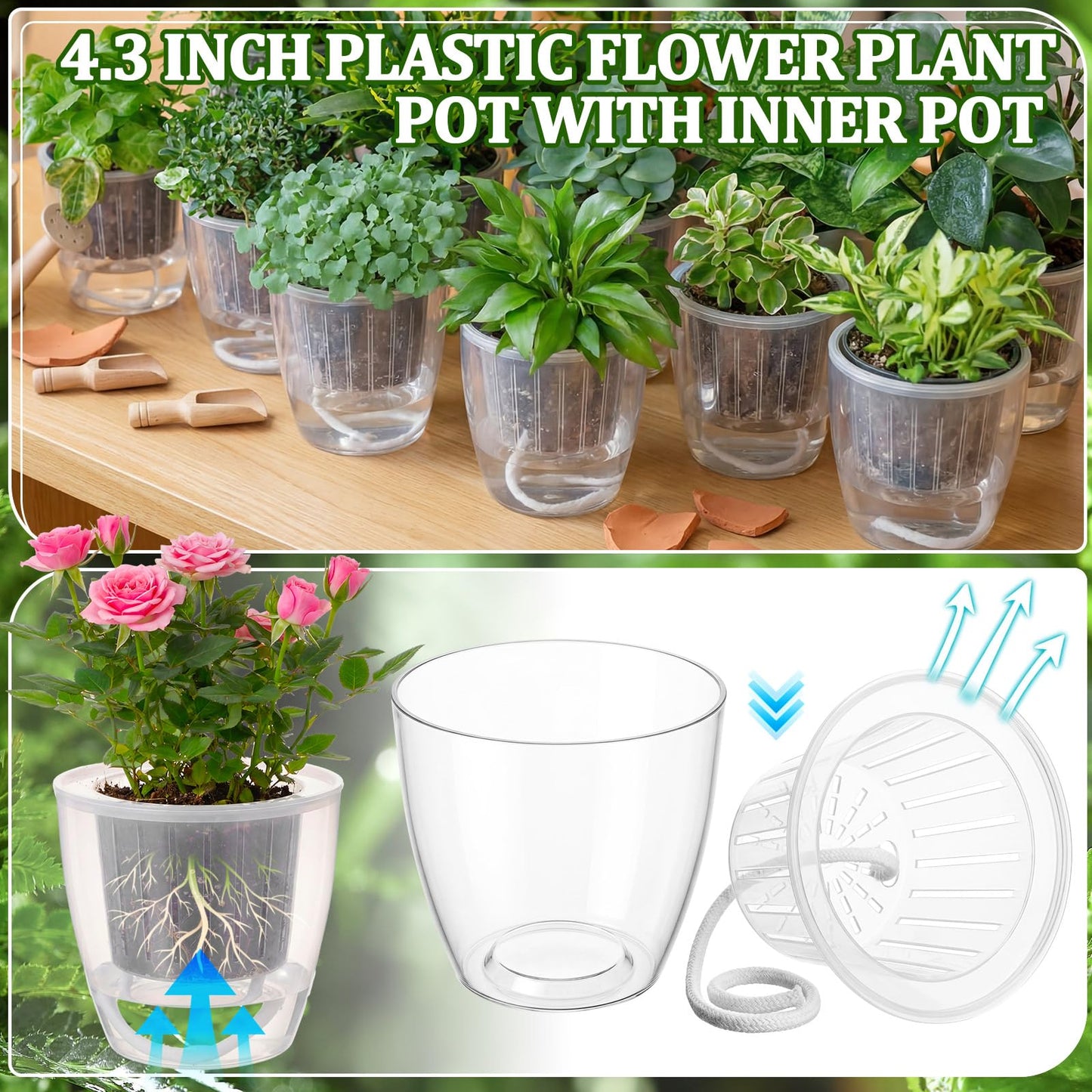 Ferrochef 36pcs Self Watering Pots 4.3 Inch Plastic Flower Plant Pot with Inner Pot Self Watering Wick Planter White Clear Flower Pots for Indoor House Plants Herbs, Flowers, Succulents (Transparent)