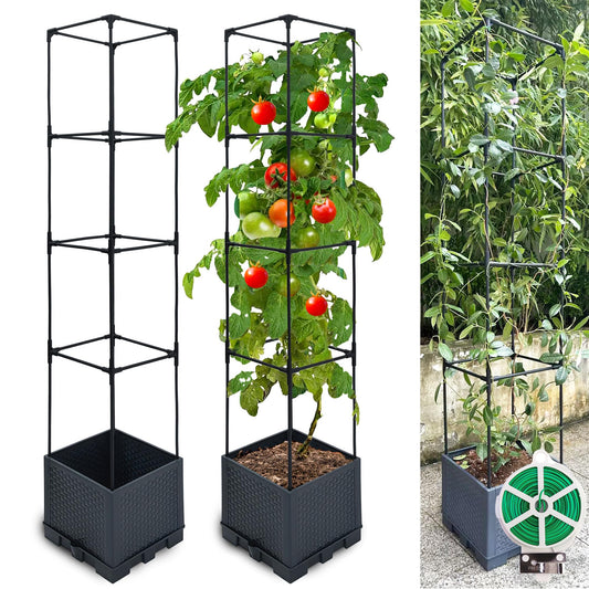 Sumloty Raised Garden Bed Planter Box, 2 Pack 56" Self-Watering Tomato Planter with Trellis for Climbing Vegetables Plants Grape Fruit Flowers,Use for Indoor Outdoor Garden Patio