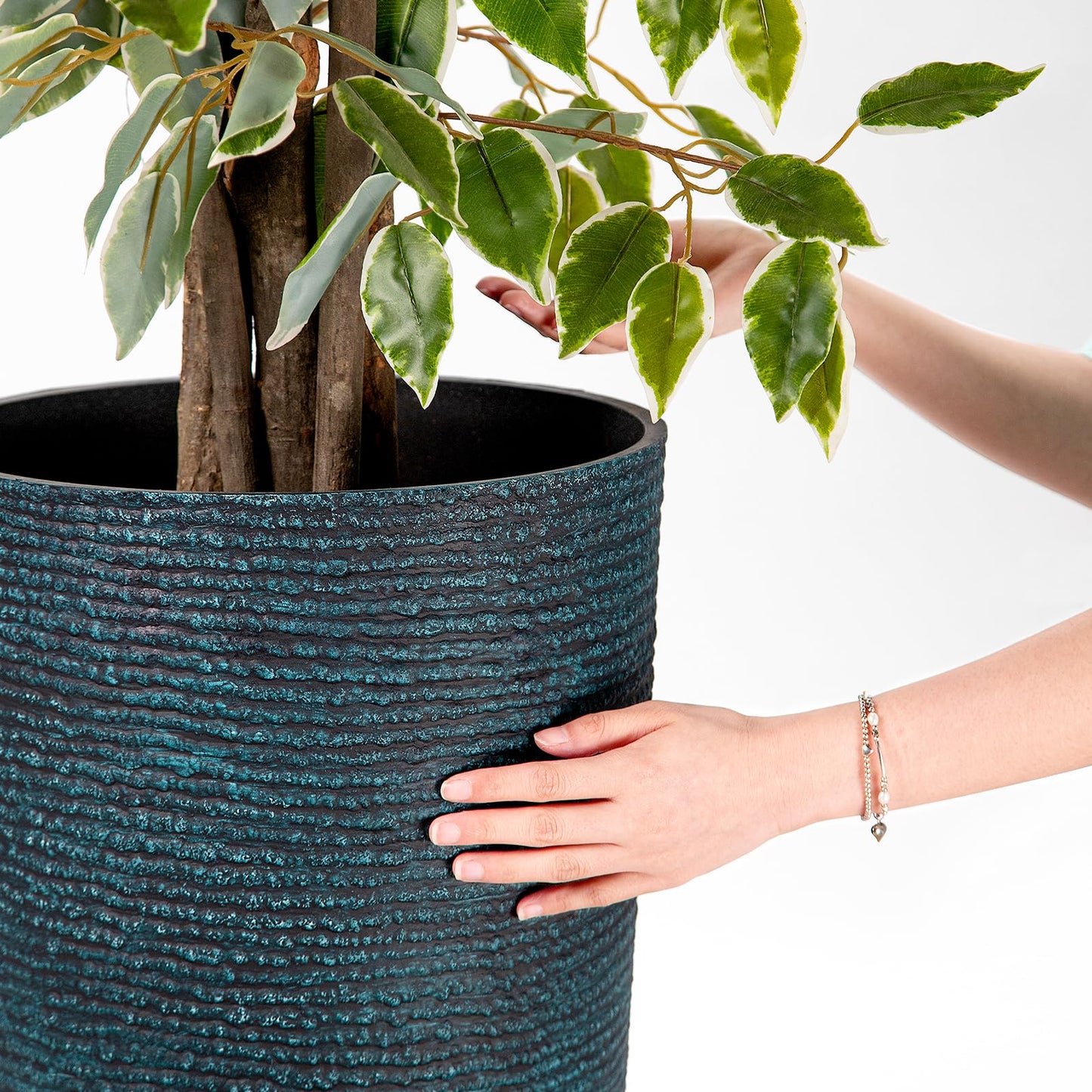 QCQHDU Set of 2 Large Tall Blue Planters with Saucer - 9 Gallon 12" Diameter x 21" H Faux Stone Round Pots for Indoor Plants, Outdoor Patio & Porch Decor, Heavy Duty Weatherproof Plant Containers