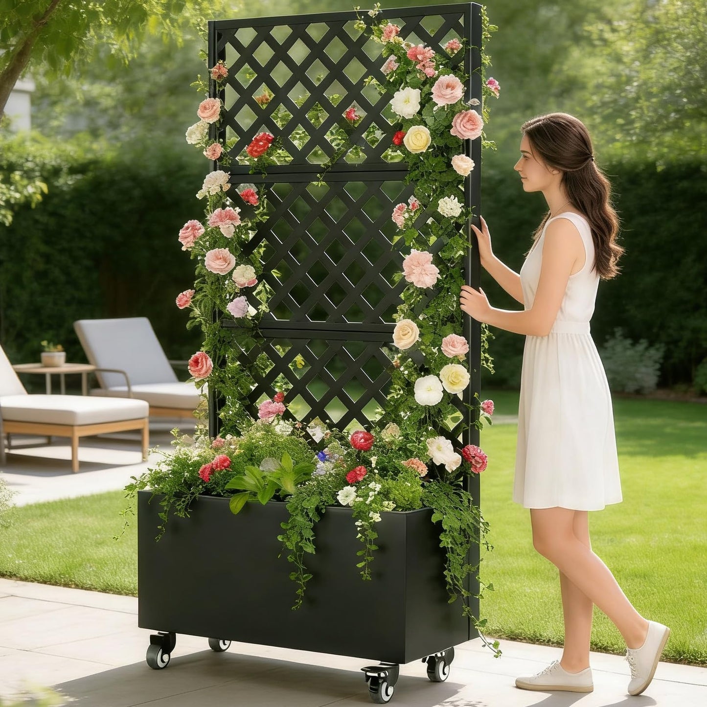 72" Metal Planter Box with Trellis Outdoor and Wheels,Planter with Trellis Privacy Screen, Raised Garden Bed with Trellis and Drainage Holes for Climbing Plants, Vegetables, Vines