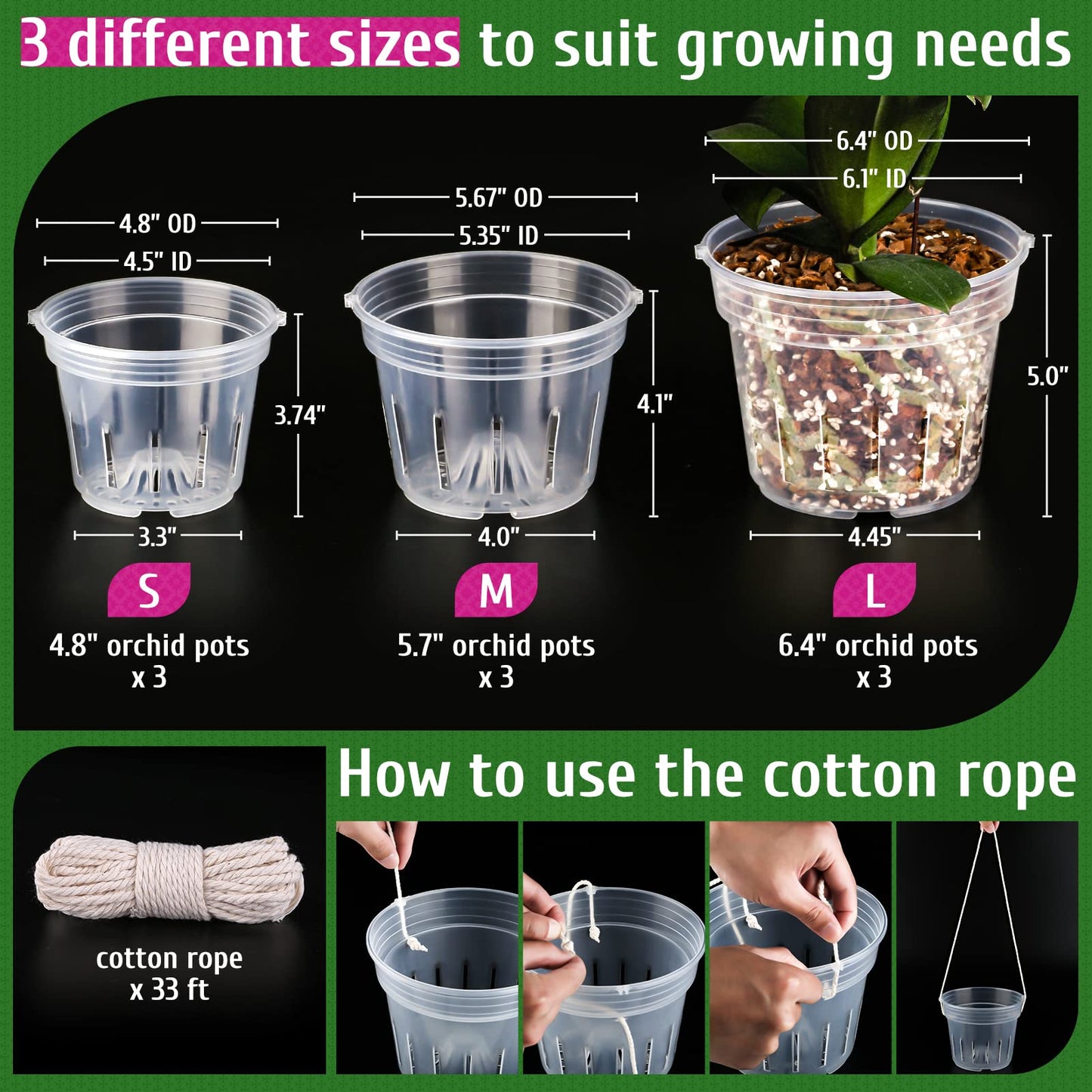 REMIAWY Orchid Pot, 9 Pack Orchid Pots with Holes, 3 Each of 4.8, 5.7 and 6.4 Inch Clear Flower Planter for Repotting, Plastic Slotted Nursery Planters Indoor Outdoor