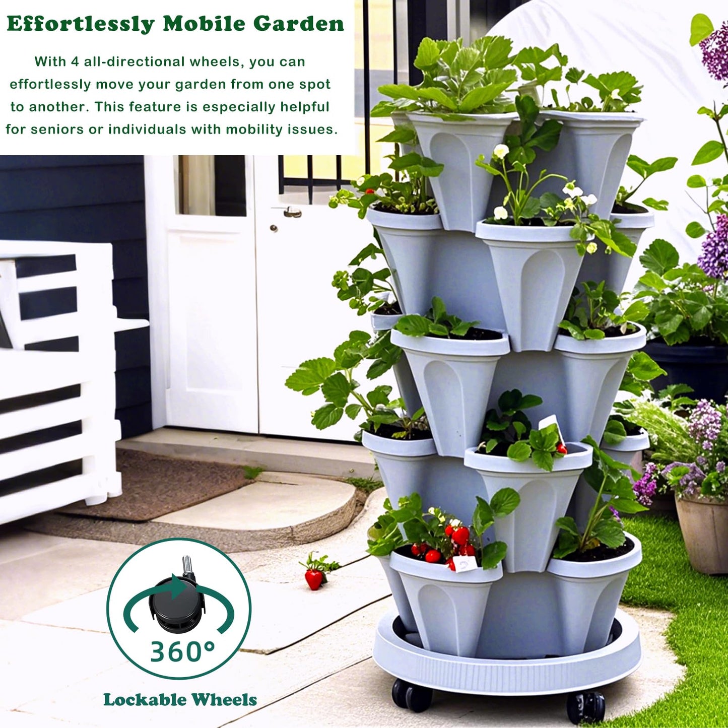 Lykvrii Strawberry Planters, 3 Tiered Vertical Stackable Planter, Herb Stacking Tower Garden, Flower Vegetable Planters with Support Pole, Indoor & Outdoor with Removable Wheels - Dark Grey