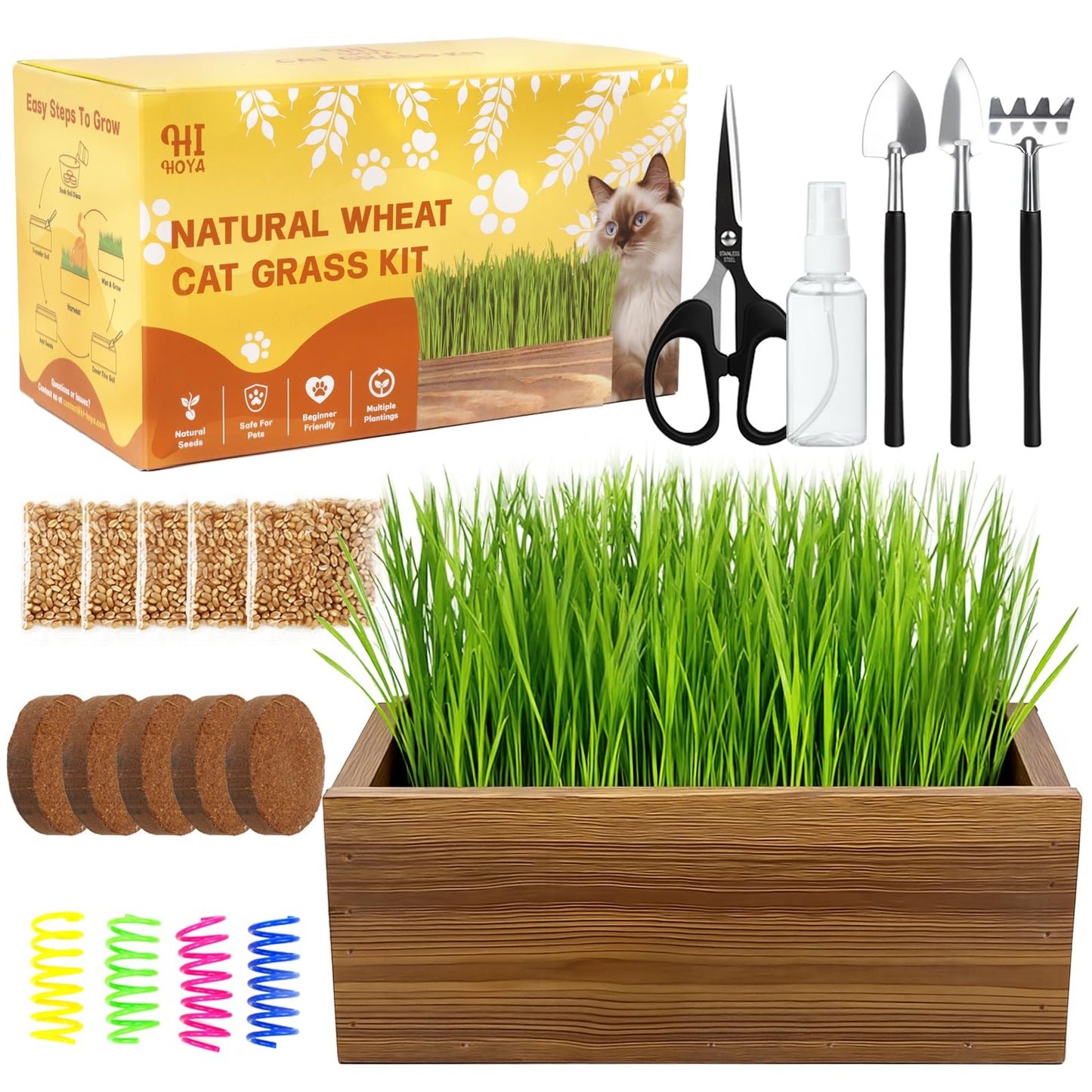 Cat Grass Kit for Indoor Cats with Wooden Planter - 5 Pack Cat Grass & 5 Coconut Soil, Complete Planting Tools, Water Sprayer, Scissors, Bonus Cat Gifts - Natural Wheat Grass for Hairball Control
