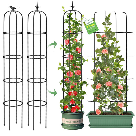 Tower Obelisk Garden Trellis for Climbing Plant，6.2FT/74.4" Rustproof Metal Potted Plant Climbing Support for Indoor Outdoor Flowers Vegetable Fruits Vines Support (2Pcs)