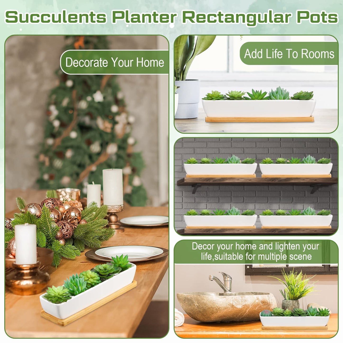 Weewooday 4 Pcs White Succulent Planter Pots 11 Inch Long Rectangle Ceramic Plant Container, Suitable for Indoor Outdoor Home Garden Flower