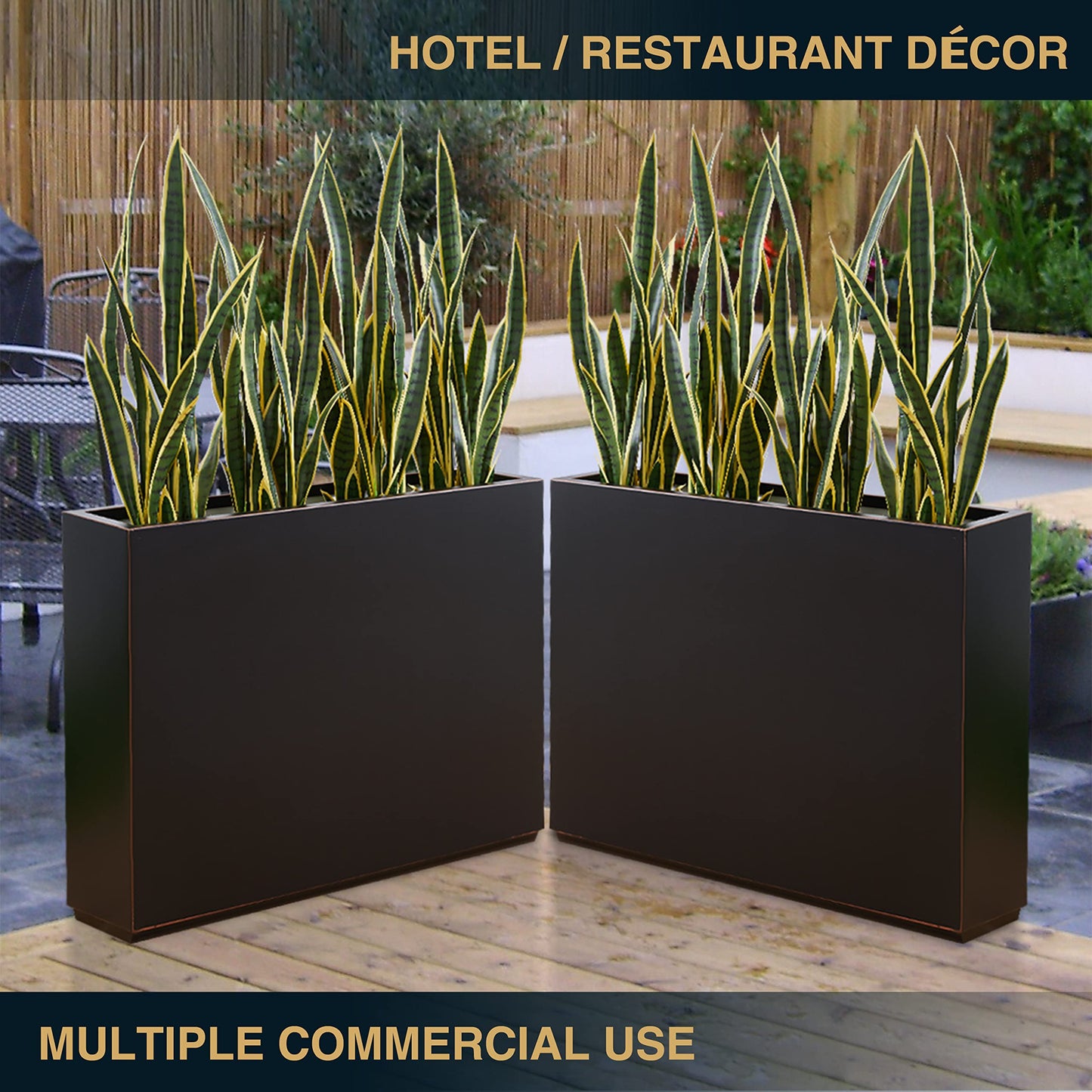 Wallowa Metallic Heavy Outdoor Planter Box, Span Planter, Pure Black with Hand Brushed Gold Rim, Long and Tall Divider Planter, No Assembly and Seamless, 38”Lx10”Wx30”H 48.8 Pounds