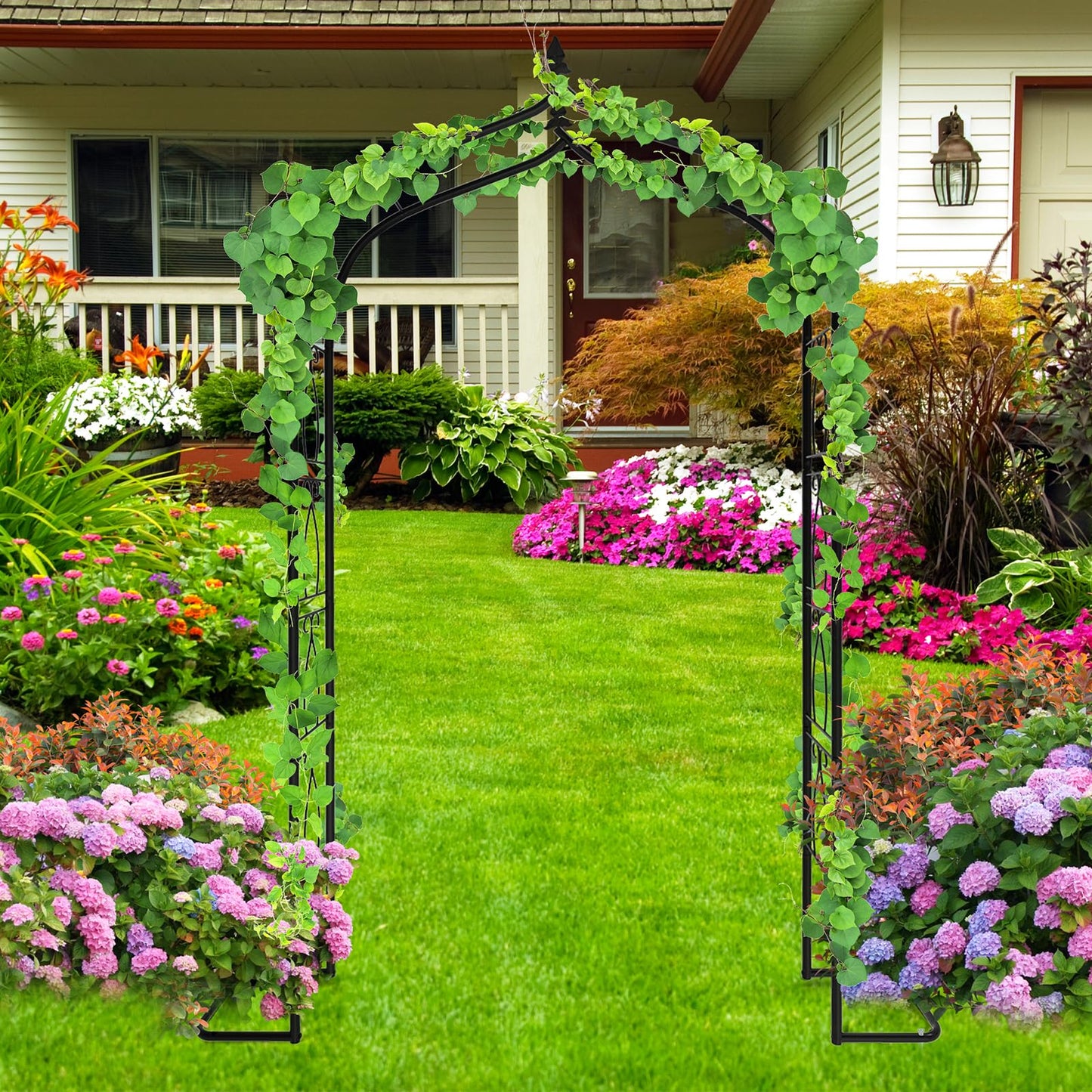 OUSHENG 7FT Garden Arch Trellis, Outdoor Steel Arbor for Climbing Plants, Archway Frame Stand Gate with Ground Stakes for Wedding Ceremony Decoration Party Vines Lawn Courtyard Patio Backyard