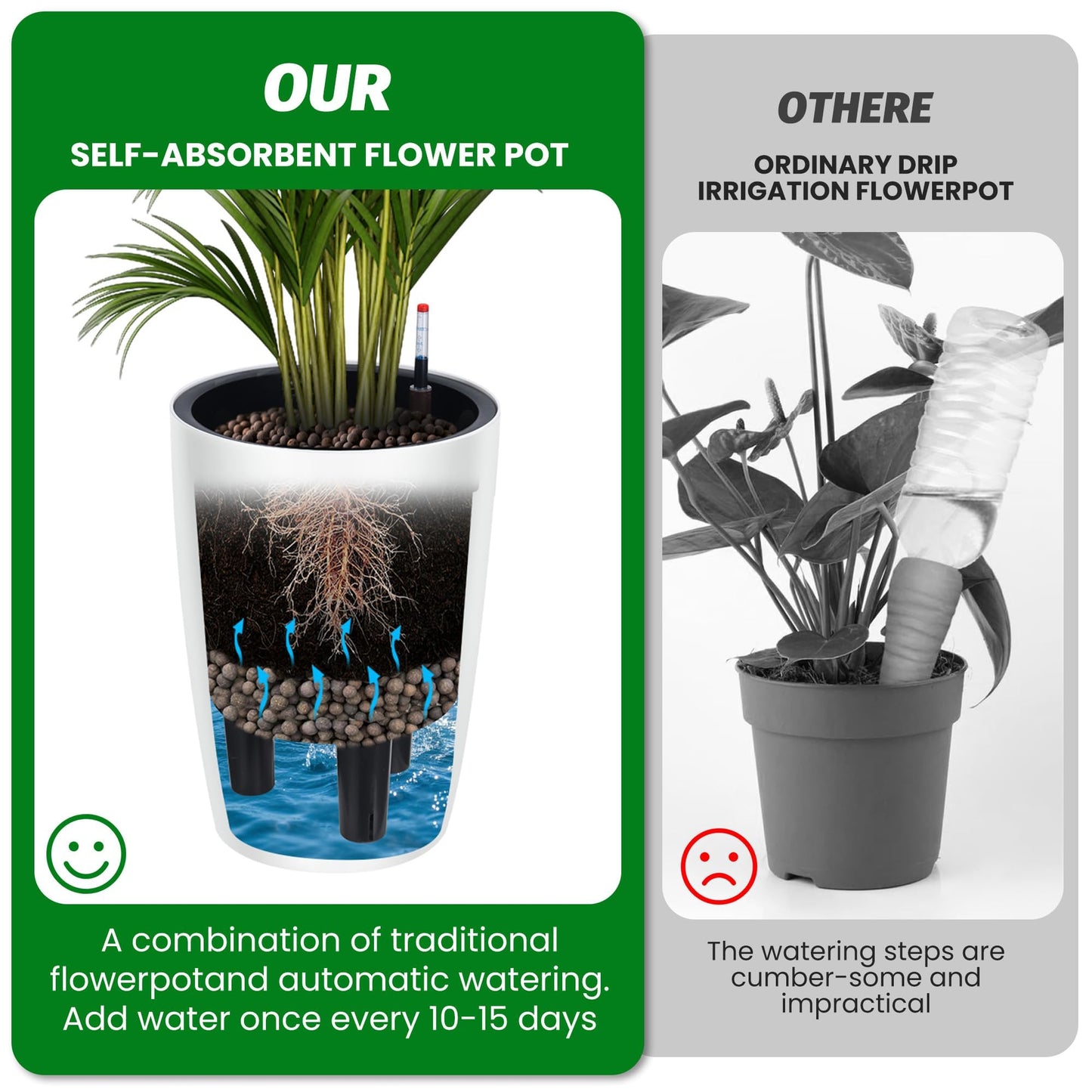 16" Tall Planter Set of 4, Self Watering Pots, Large Planter for Indoor Outdoor Plants, Built-in Drainage and a Water Level Monitor, Tall Planters for Patio, Porch, Living Room, Home Office, White
