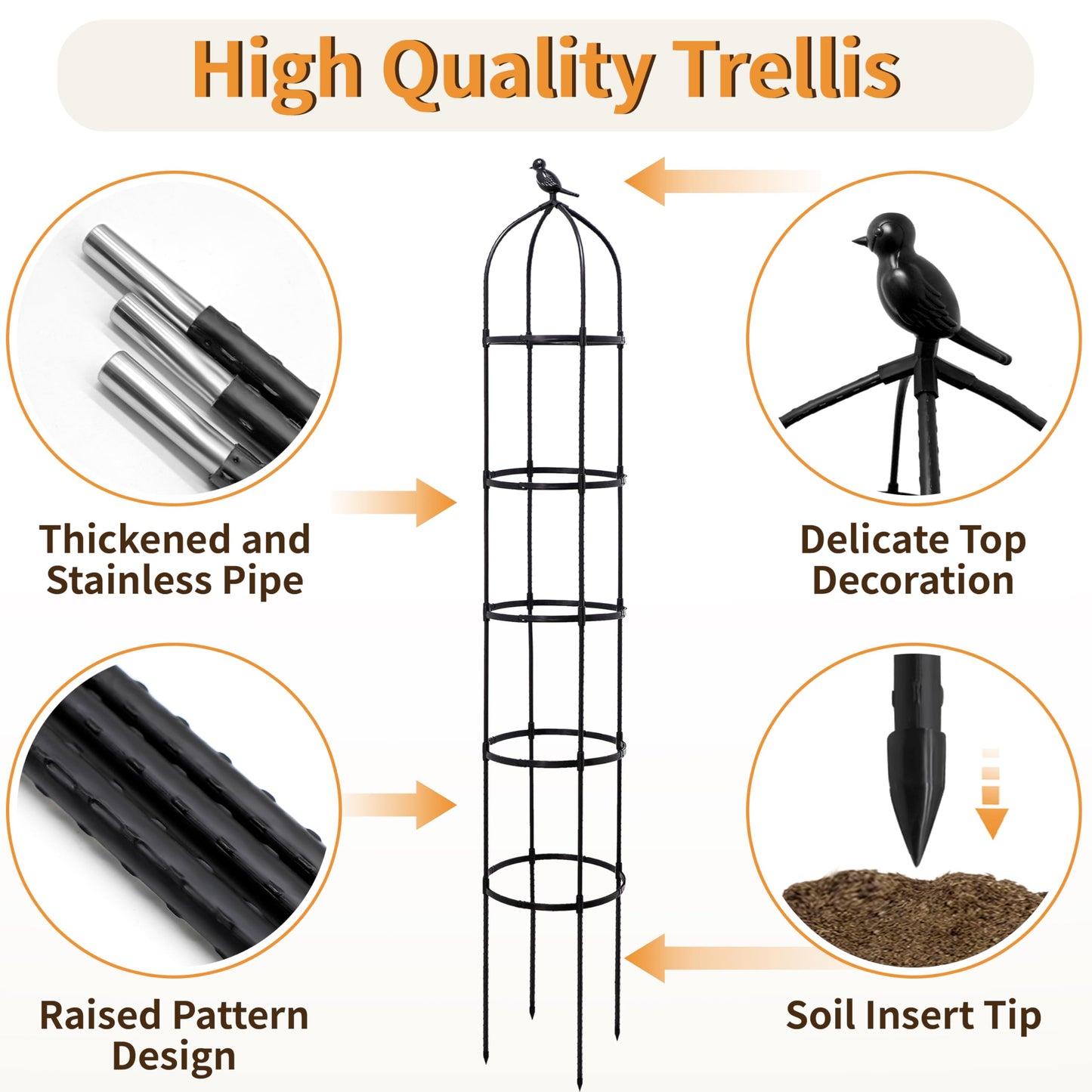 SORANGEUN 1 Pack Garden Obelisk Trellis for Climbing Plants Outdoor, 6.7FT Adjustable Metal Plant Support with 3 Decorative Tops, Black Rustproof Trellis for Roses, Tomatoes, Clematis & Vines