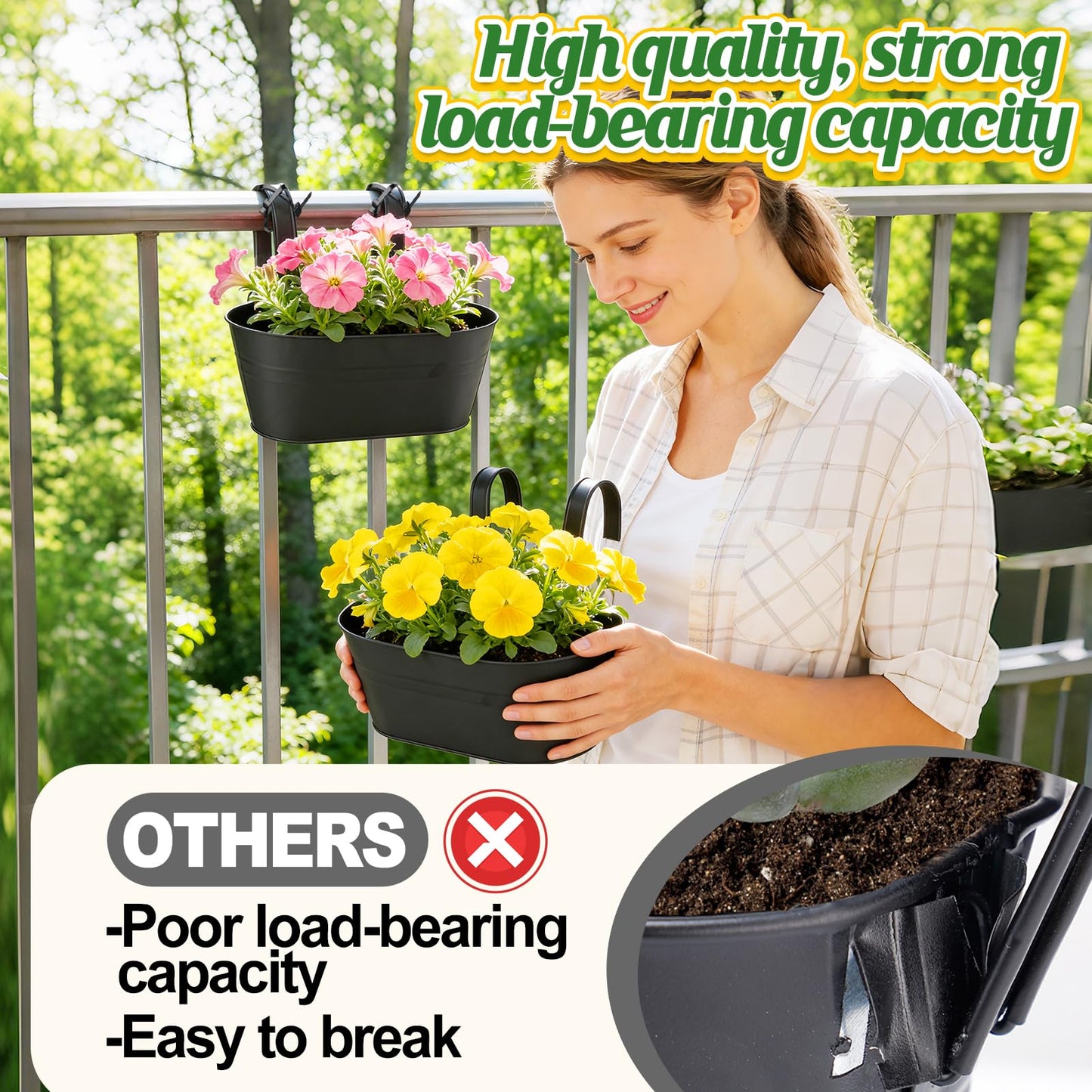 MADHOLLY Railing Planter with Drainage Holes - Sturdy Bucket Pots for Railing Fence, Countryside Style Metal Flower Pots for Herbs Balcony Garden Yard Decor, 2Pcs, Black