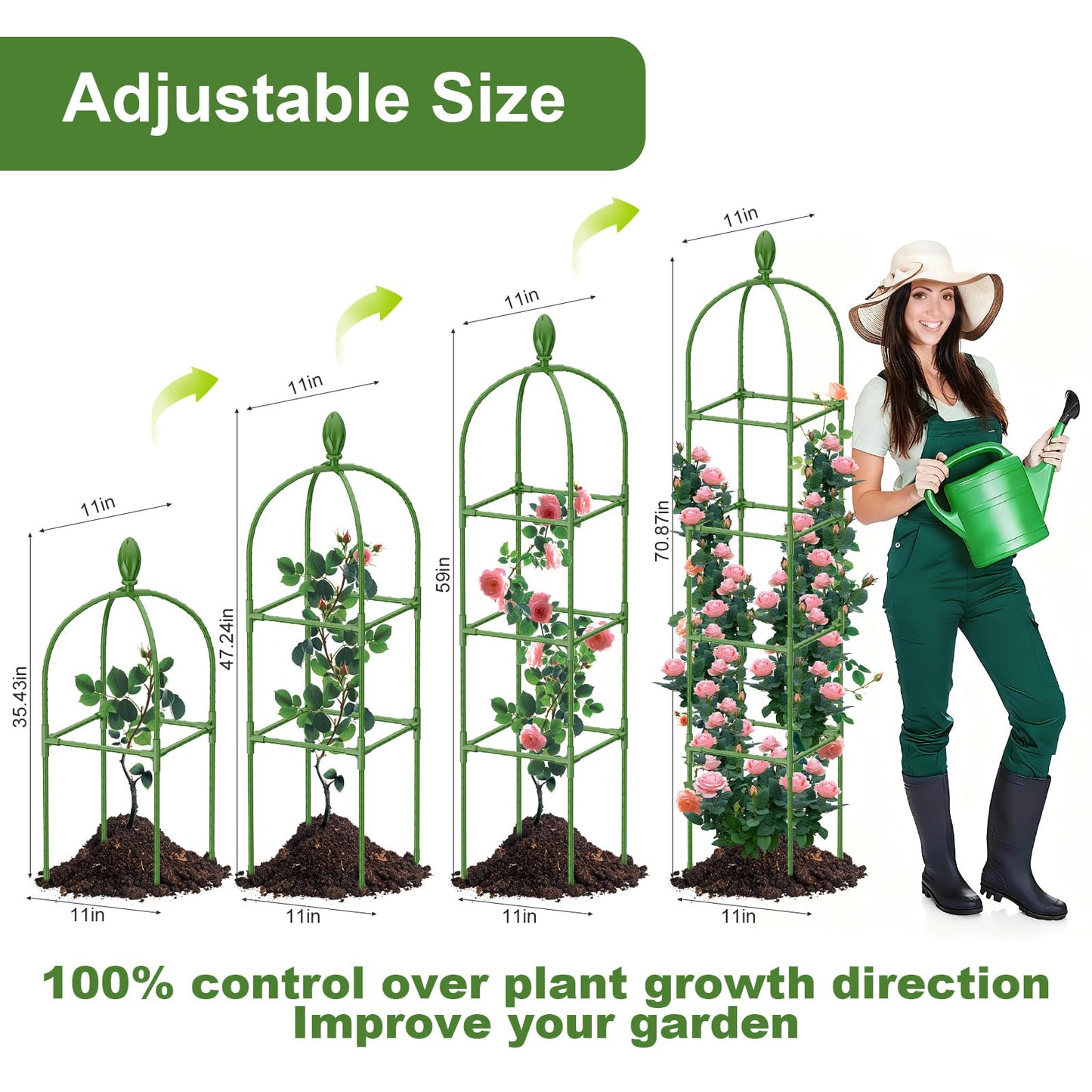 2 Pack Garden Obelisk Trellis, 70IN Tall Plant Support for Climbing Vine, Metal Covered Plastic Rustproof Heavy Duty Rose Trellis Indoor Outdoor (Green, 70 * 11.8 * 11.8IN（H*W*L）)