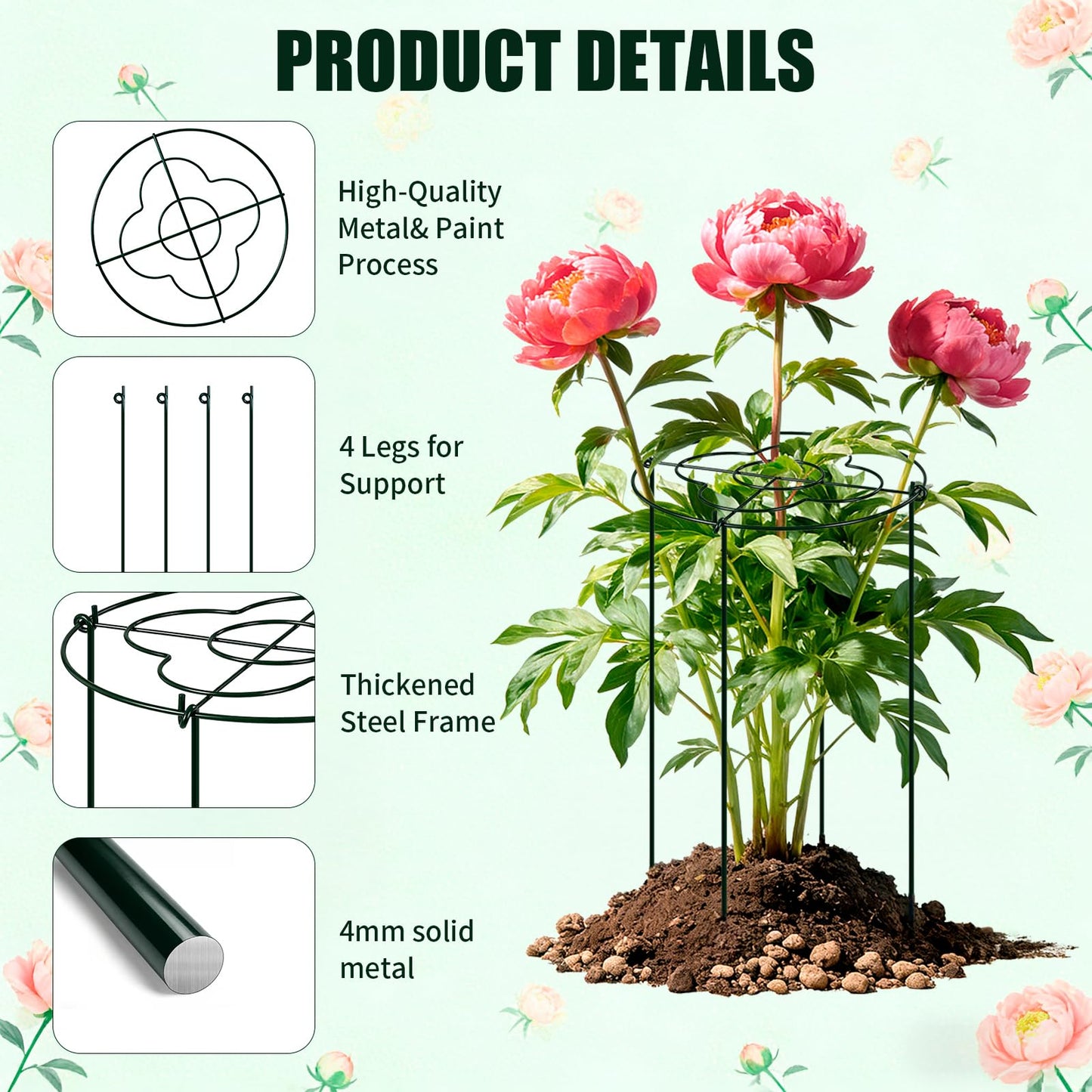 4 Pack Peony Cages and Supports, Grow Through Flower and Plant Supports, 13" Dia x 31.5" High Metal Peony Rings Hoops with Stake, Peony Support Cage for Dahlia, Rose Bush, Hydrangeas, Peonies, Tomato