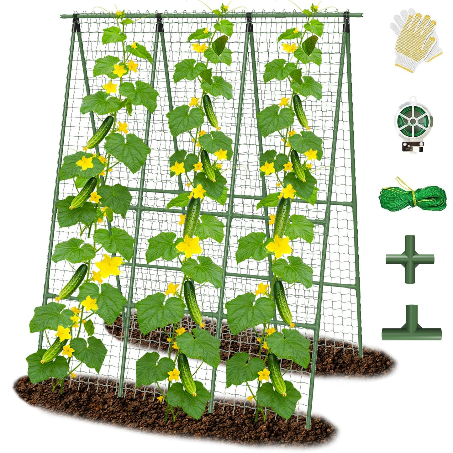 Cucumber Trellis for Raised Bed 48" L x 64" H, 16mm Adjustable A-Frame Garden Trellis with Net for Climbing Plants, Vertical Garden Vegetable Trellis for Zucchini Pea Bean Squash Grape Tomato Flowers