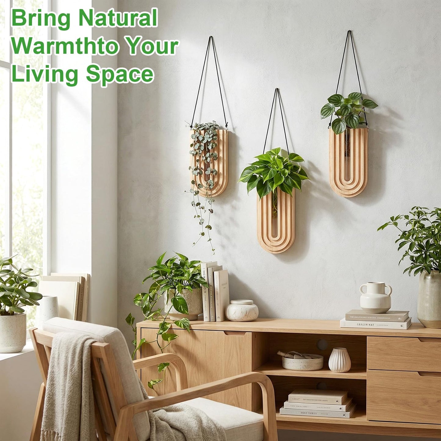 BrightRow Set of 4 Wooden Wall Planter Vase Hanging Propagation Stations Glass Plant and Flower Vases Wall Plant Holder for Indoor Plants Art Boho Home Room Entryway Hallway Decoration