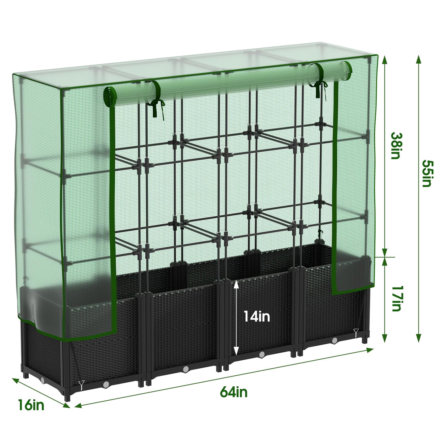 Onelike 64'' x 16'' x 55.5'' Plastic Raised Garden Bed with Greenhouse Cover and Trellis, Vertical Tomato Planters for Climbing Plants, Self Watering System Tomatoes Cage for Patio,Black,Large
