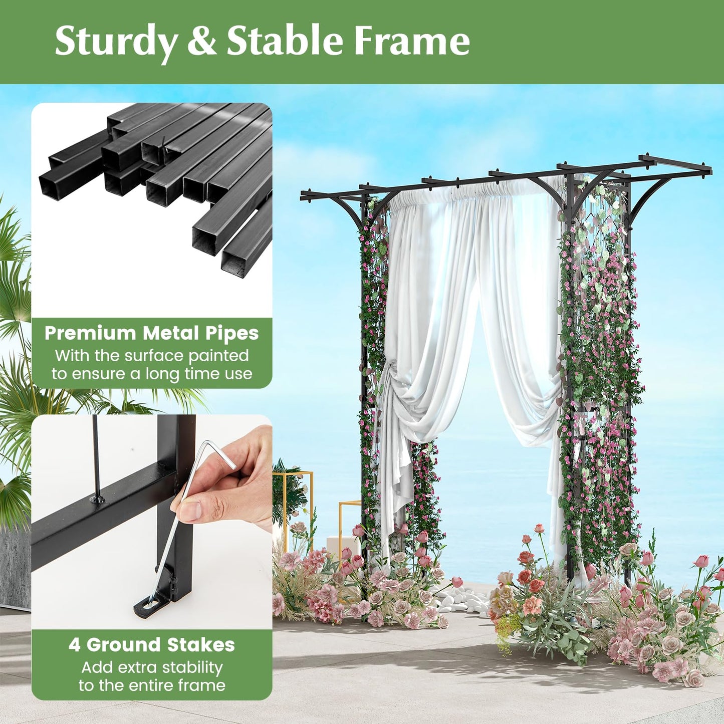 S AFSTAR Garden Arch Trellis Pergola, 6.8 FT Outdoor Metal Arbor w/Extended Top, 4 Ground Stakes, Plant Support Trellis for Climbing Plant Vine Rose, Garden Arbour Archway for Wedding Ceremony Party