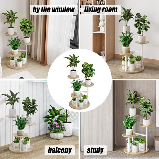 INGIORDAR Plant Stand Indoor Outdoor Corner Flower Stands Multiple Flower Pot Holder for Patio Garden Balcony Living Room (White+Sonoma Oak, 4 Tier)