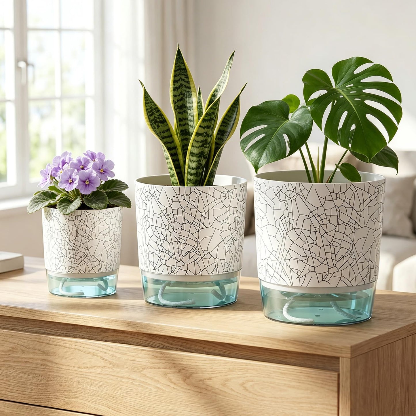 Samhe 3 Pack Self Watering Pots for Indoor Plants, 4+5.5+6.3 Inch Self Watering Plant Pots, Flower Pots with Wick Rope and Reservoir - Crack Texture