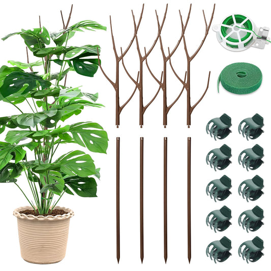 ROADPLUM 4 Pack 27.56" Detachable Twig Plant Support Stakes Set, Blends in to Plant, Branch Plant Sticks with Orchid Clips Twist Plant Ties, Twig Trellis for Indoor Outdoor Plants Potted Plants Flower