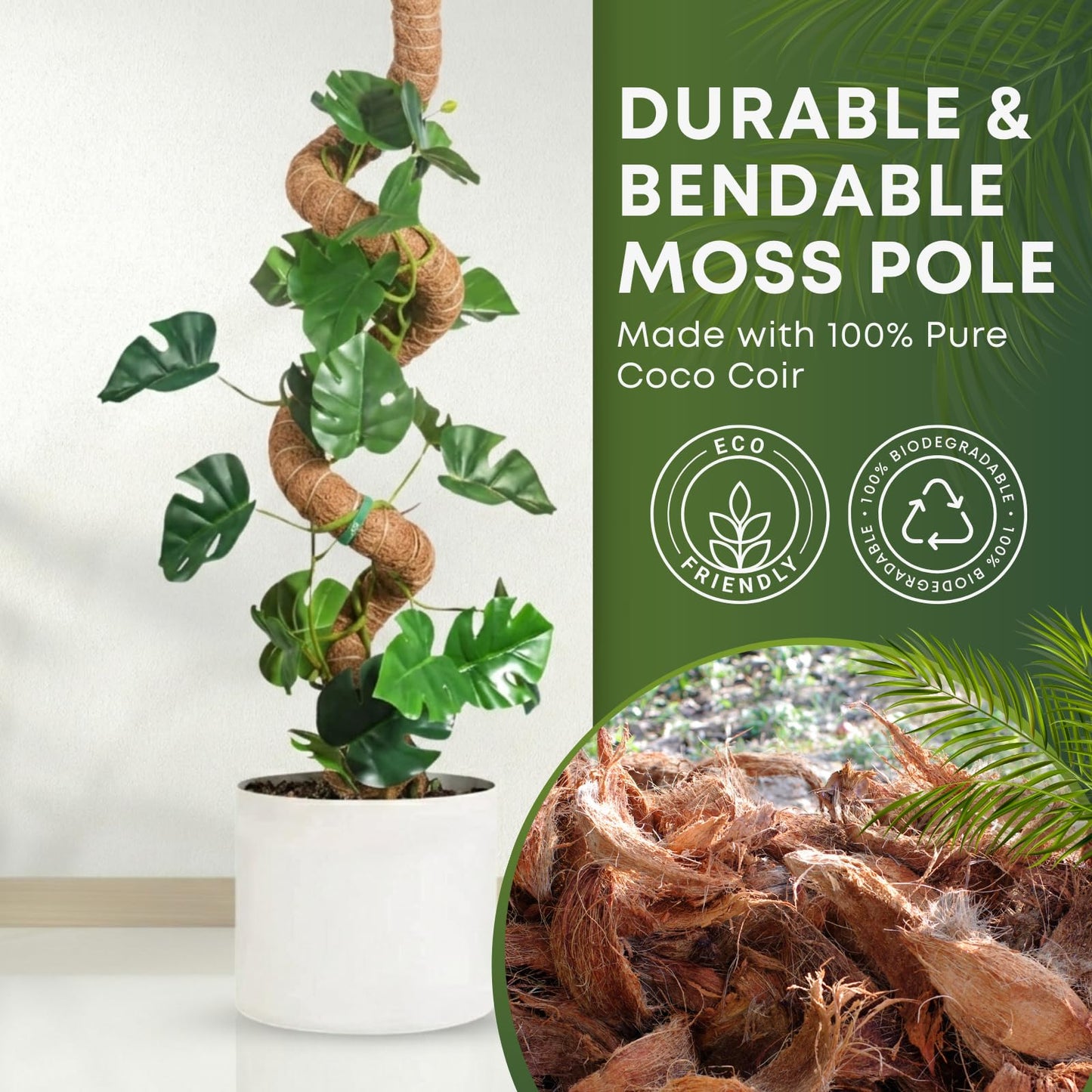 Auraville 28 Inch 2 Pack Bendable Moss Pole Monstera Plant Support | Plant Stakes for Indoor Plants | Coconut Fiber Moss Poles for Climbing Plant| Handmade Coco Coir Plant Sticks for Potted Plants