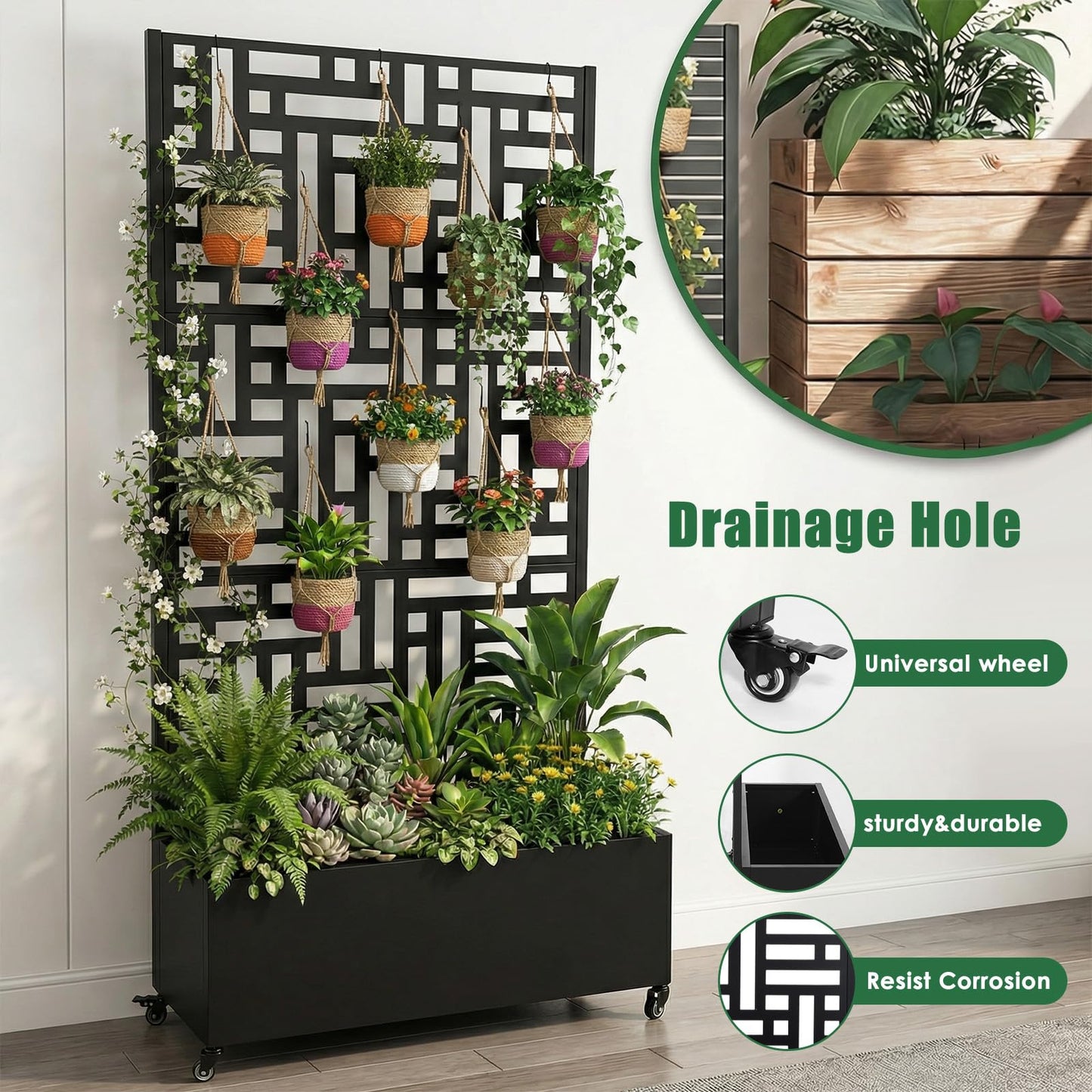AZURAOKEY Metal Planter Box with Trellis Standing Planter Box for Climbing Plants/Vines Raised Garden Bed On Wheels 70.87x35.43x15.75 Inch (02)